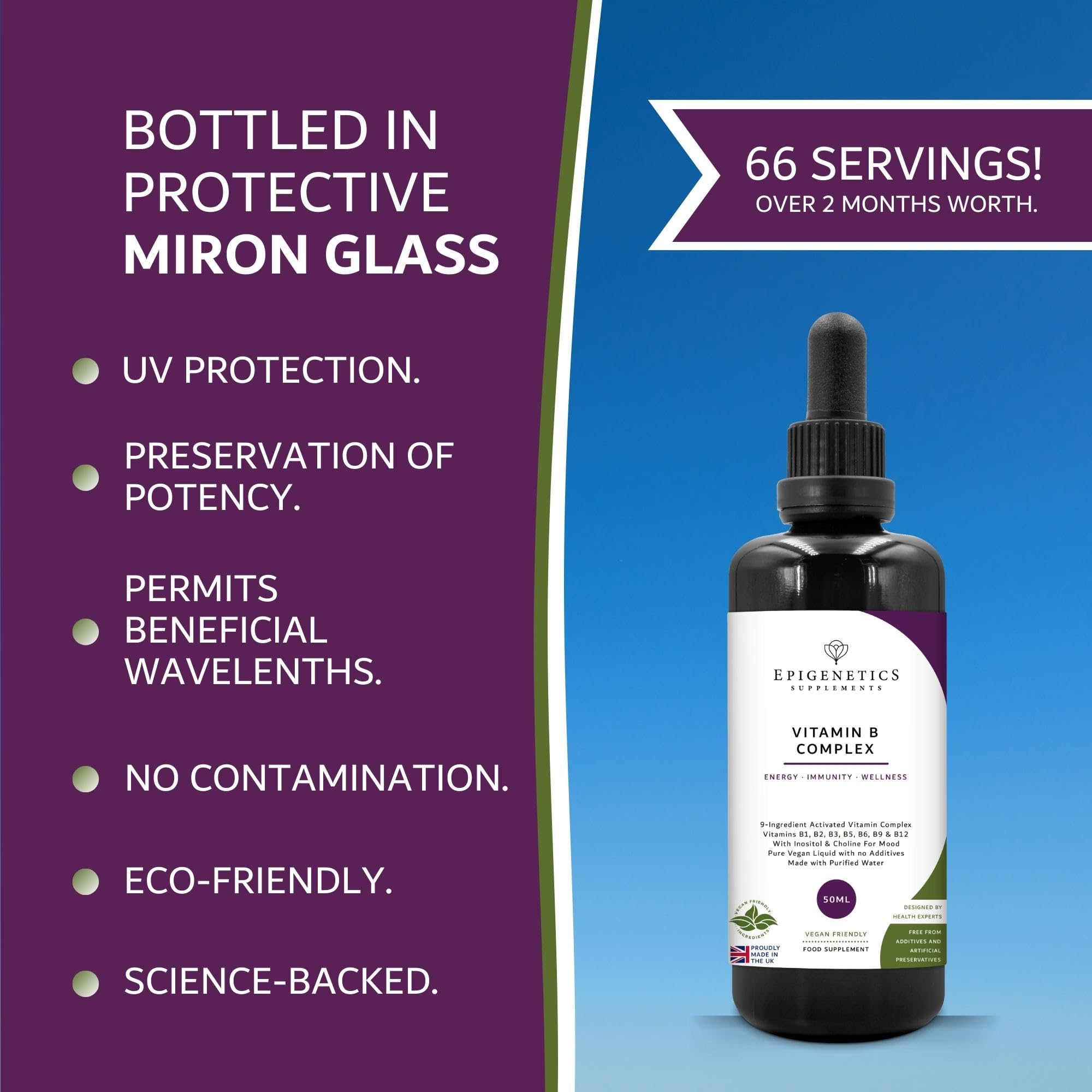 Vitamin B Complex Liquid Drops 50ml | 2 Months Supply, 66 Servings. High Strength Vitamin B12 Methylcobalamin & Adenosylcobalamin, B1, B2, B3, B5, B6 with Choline, Folic Acid | UK Made & Vegan