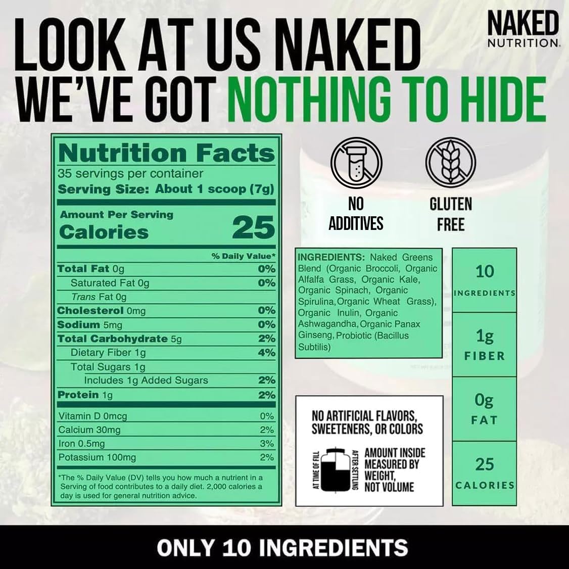 NAKED Super Greens Powder Organic Greens Supplement - Only 10 Premium Ingredients - Vegan, Non-GMO, Prebiotic and Probiotic - 35 Servings