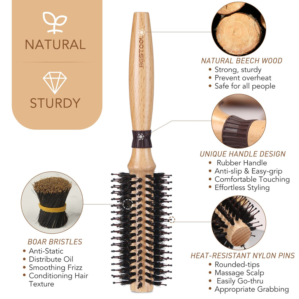 BESTOOL Round Brush for Blow-Drying, Boar Bristles with Nylon Pins, Professional Styling Brush for Women and Men, Straightening, Curling, Improving Hair Texture (Barrel 20mm)