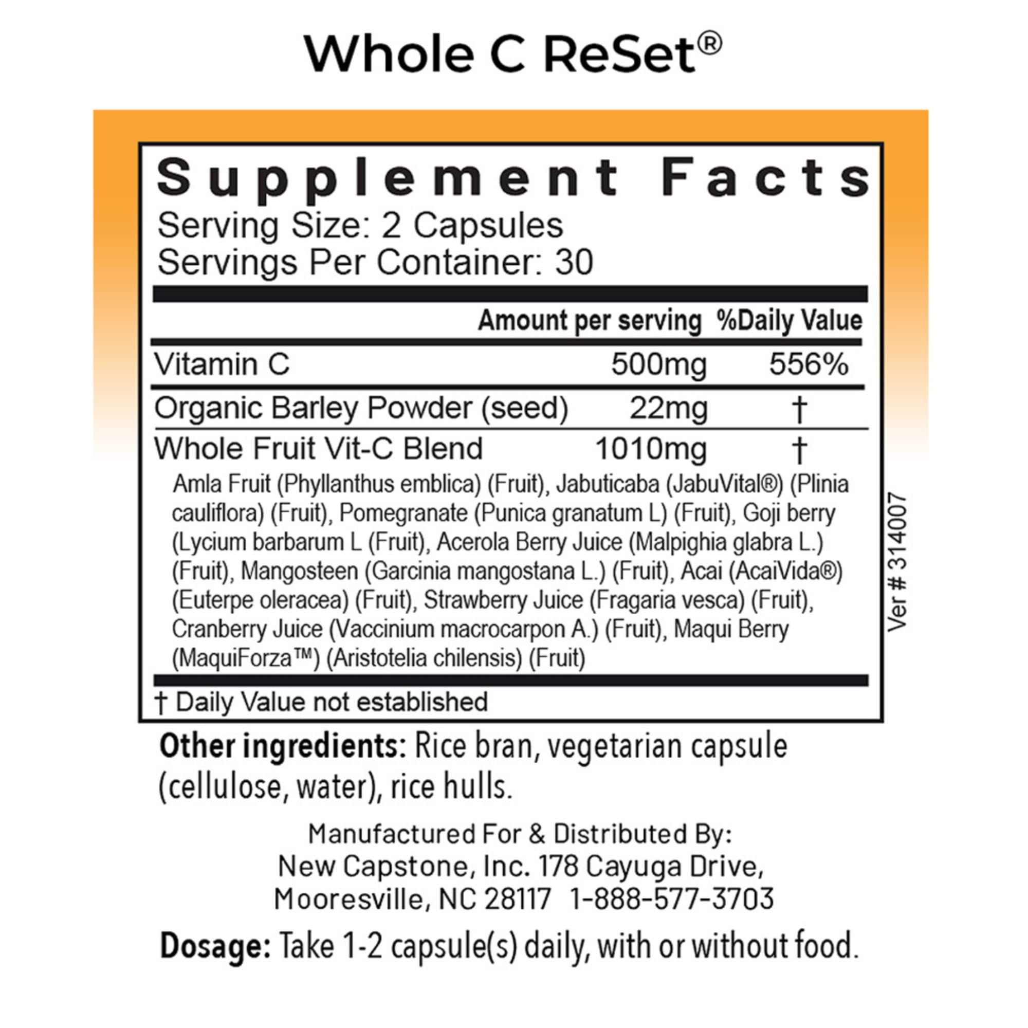 RnA ReSet Whole C Reset – Vita-C Fruit Blend with Bioflavonoids & Polyphenols, Organic Vitamin C Complex, Immune Support, NSF Contents Certified (60 Capsules)