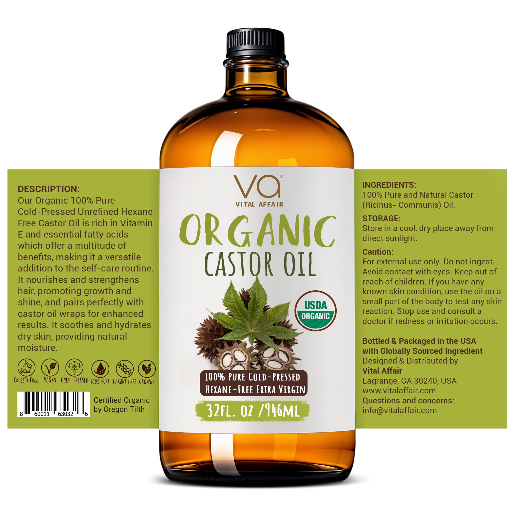 VITAL AFFAIR Pure Organic Castor Oil 32oz – Cold Pressed, Unrefined, USDA Organic – Glass Bottle for Hair Growth, Eyelashes, Eyebrows, Face & Castor Oil Packs
