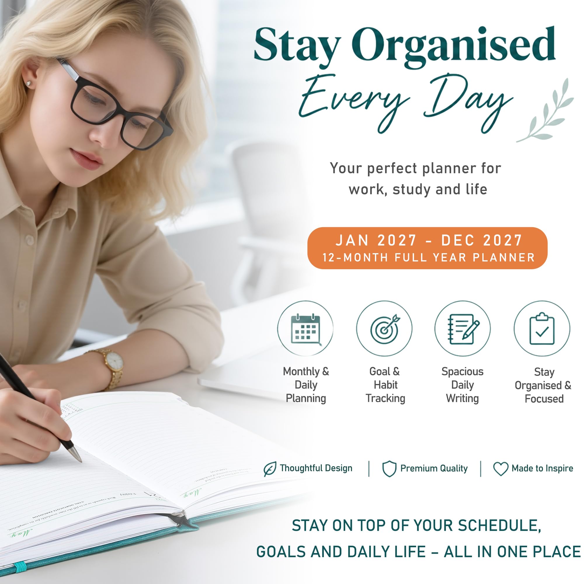 ZXHQ 2027 Diary Page a Day A5, Full Year Daily Planner 2027 with Monthly View, Jan - Dec, with Colorful Tabs, UK Holidays, Inner Pocket, 100 Gsm Paper, Pen Set, 5.9" × 8.5"- Spring Garden