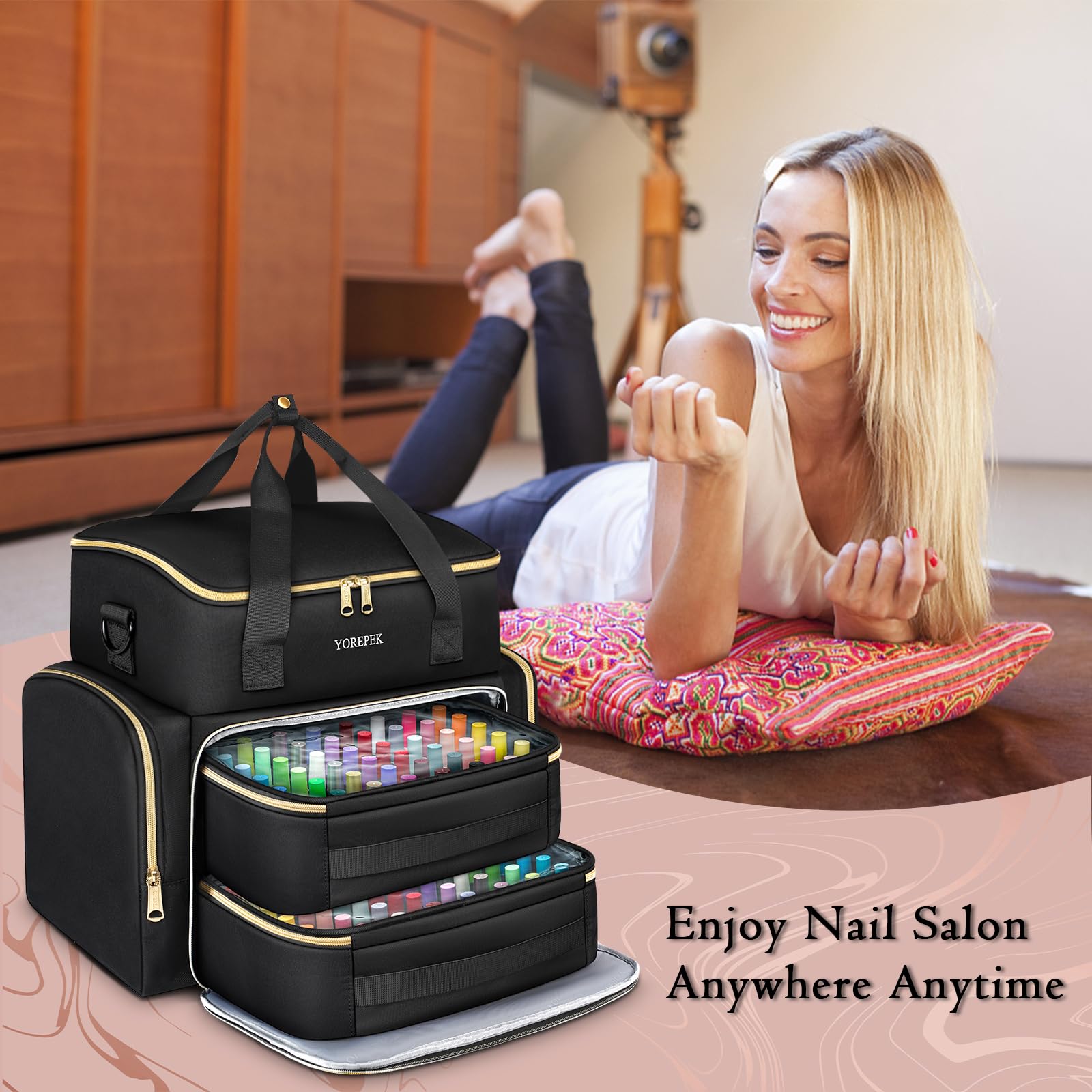 YOREPEK Extra Large Nail Polish Organizer Case Holds 96 to 100+ Bottles (15ml/0.5 fl.oz) UV lamp, Gel Polish Travel Case Bag with 2 Removable Pouches Fits Nail Supplies, Manicurist Nail Tech Gifts