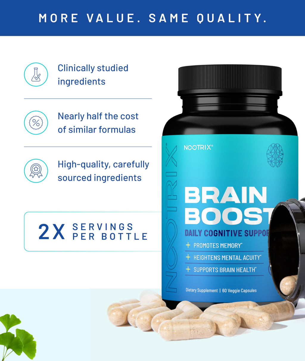Nootrix Brain Boost Nootropic Supplement | 60 Day Supply | Supports Memory, Mental Focus, Cognitive Health & Energy | Promotes Healthy Mood & Brain Function | Ginkgo Biloba & DMAE
