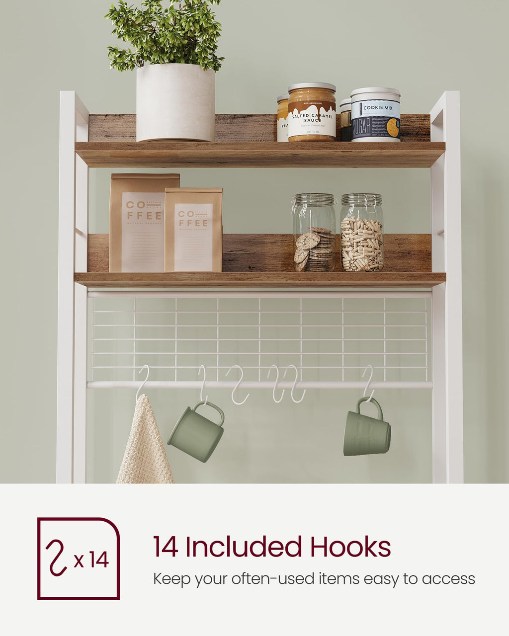 Hutch Bakers Rack with Power Outlet, 14 Hooks Microwave Stand, Adjustable Coffee Bar with Metal Wire Panel, Kitchen Storage Shelf, 15.7 x 23.6 x 66.9 Inches, Rustic Walnut and White UKKS037W41