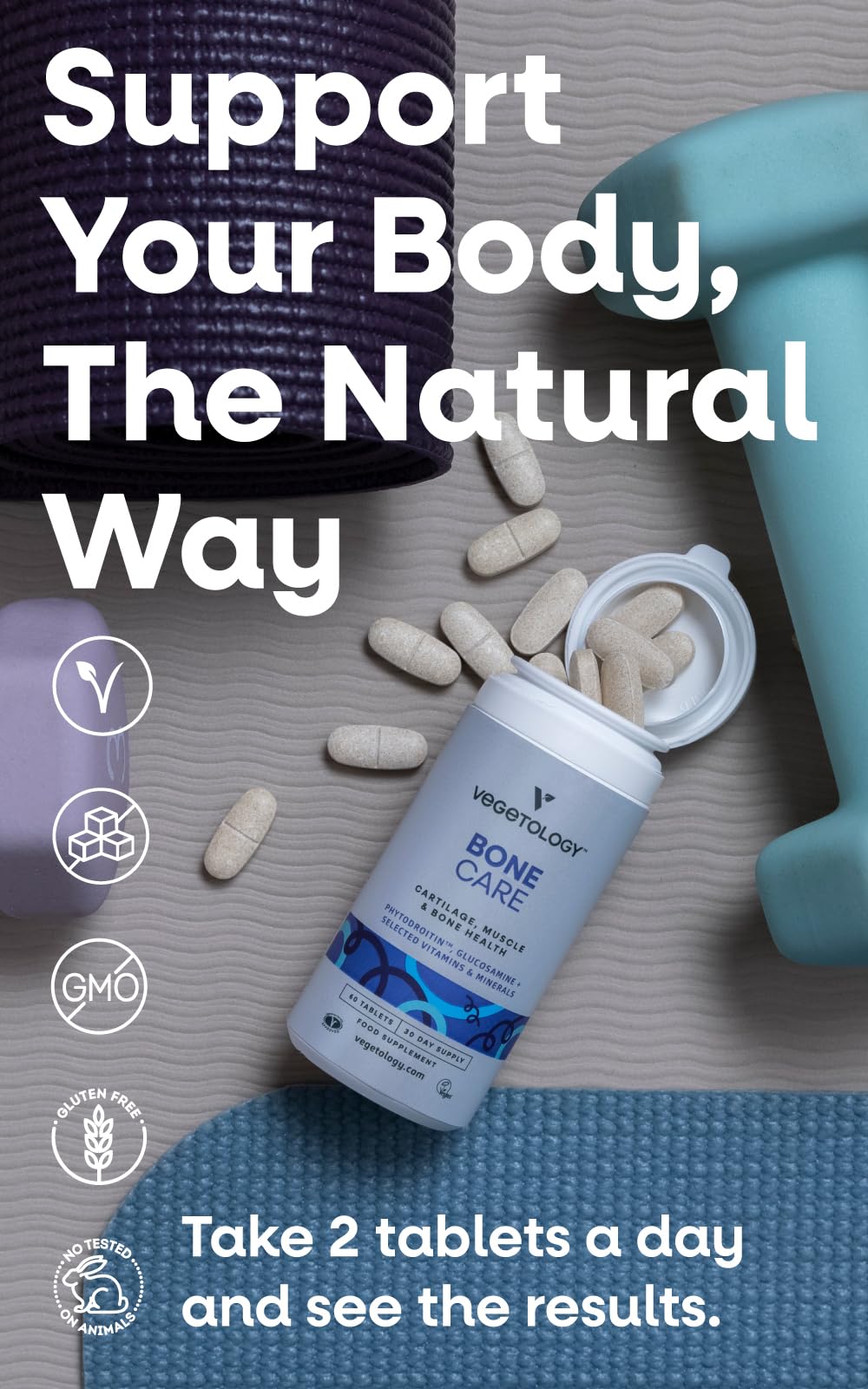 VEGETOLOGY Bone Care Bone Health Supplements - Phytodroitin, Glucosamine, Vitamin D3 K2 & Calcium Supplement – Cartilage, Muscle & Joint Support Supplement – Vegan Bone Strength (60 Count)
