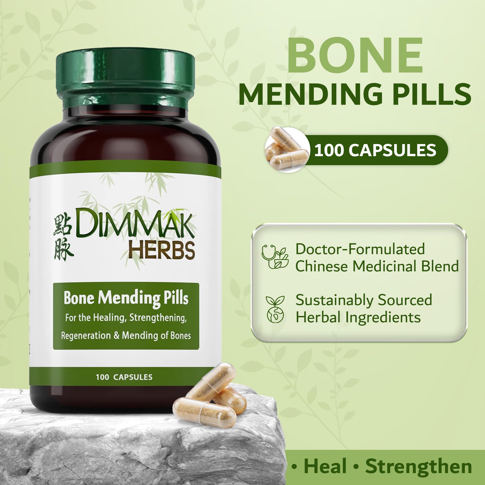 Dimmak Herbs Bone Mending Pills- Rapid Fracture & Broken Bone Healing Supplement- Advanced TCM Formula with Drynaria- Stress Fracture & Osteoblast Support- Organic- 500mg 100 Capsules
