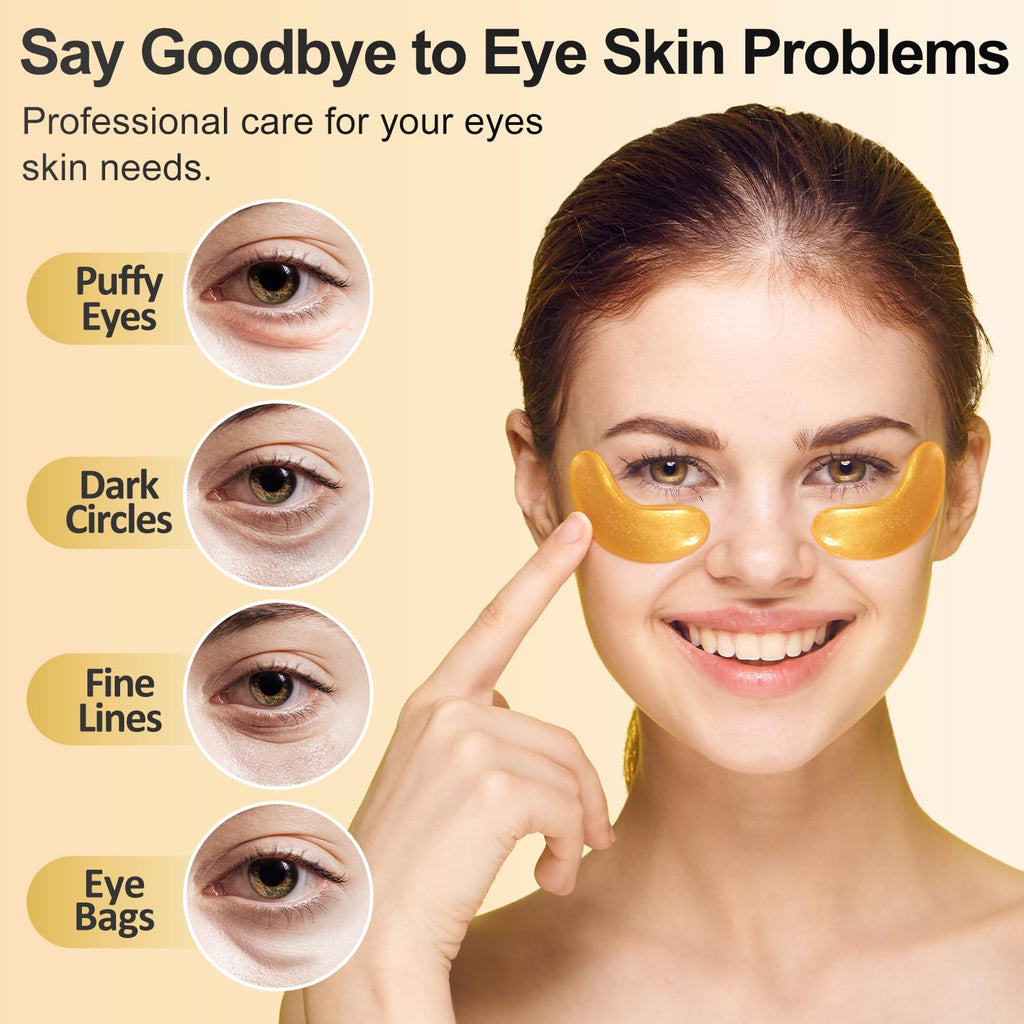 24K Gold Under Eye Patches, 24 Pairs Gel Eye Pads Skincare, Collagen Hyaluronic Acid, Against Dark Circles, Self Care Mask for Bags, Puffiness, Wrinkle Removal, Dermatologically Tested