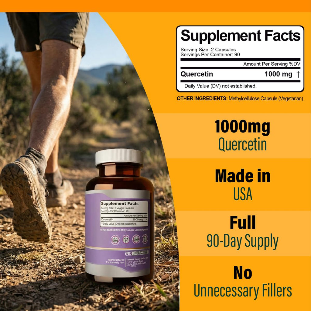 Smart Nutra Labs Quercetin 1000mg- 180 Vegan Capsules, 100% Pure Quercetin Supplement- Non-GMO, Gluten Free, Third Party Tested