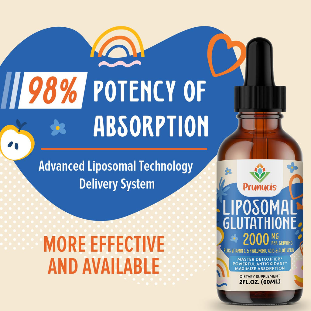 Prunucis 2000MG Liposomal Glutathione Liquid, 98% Absorption, Active Form L-Glutathione Supplement, Vegan Friendly, Powerful Antioxidant Complex for Immune System, Aging Defense, Detox, 4 FL.OZ