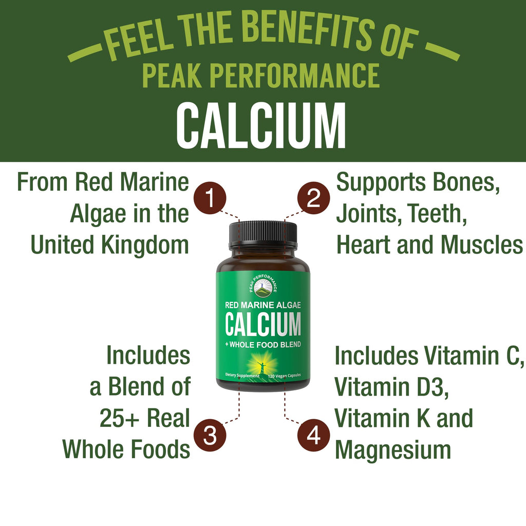 Plant Based Calcium - Red Marine Algae Calcium Supplement with Vitamin C, D3, K, Magnesium, and Whole Food Vegetable Blend. Vegan Capsules for Bones and Joints. 120 Pills, Tablets