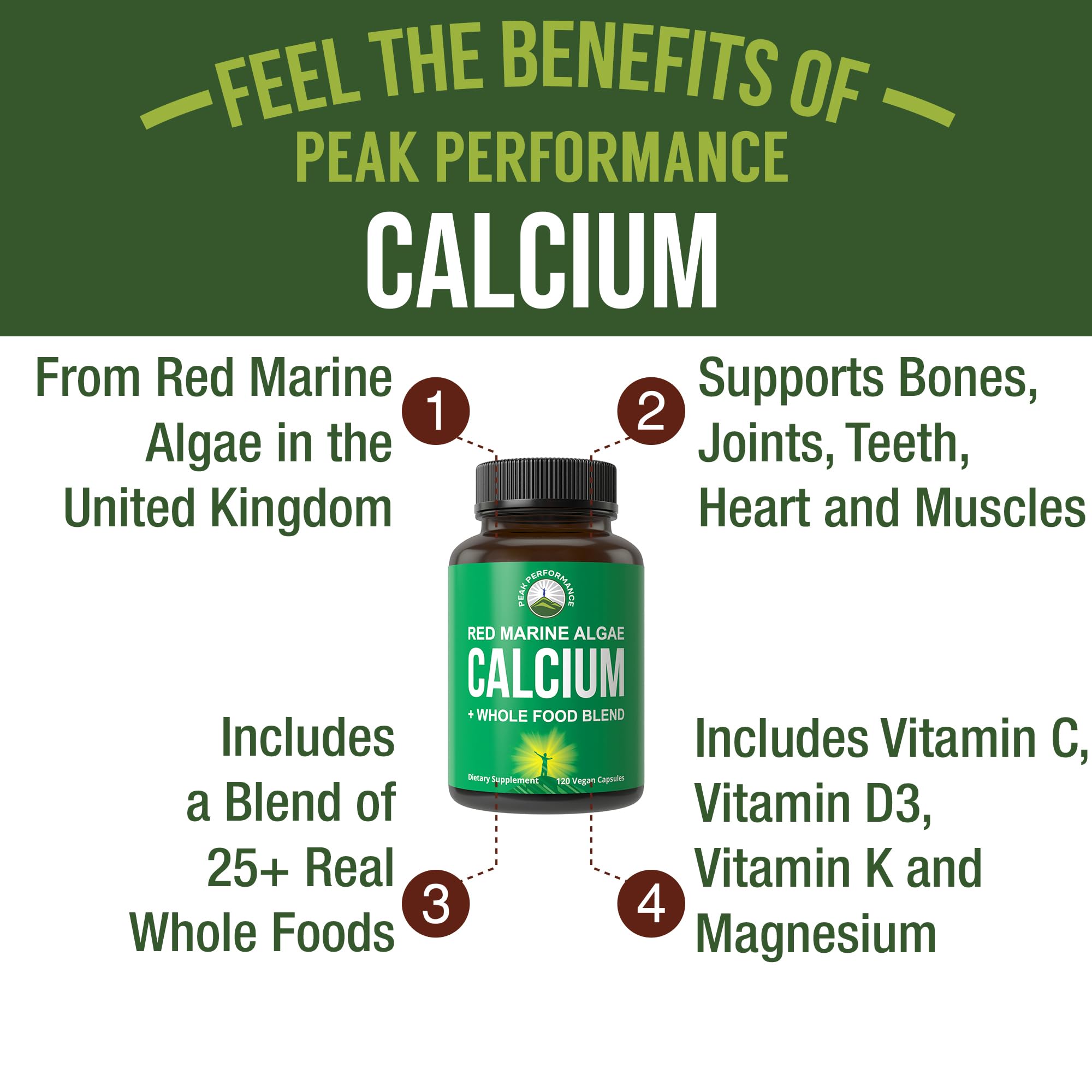 Plant Based Calcium - Red Marine Algae Calcium Supplement with Vitamin C, D3, K, Magnesium, and Whole Food Vegetable Blend. Vegan Capsules for Bones and Joints. 120 Pills, Tablets