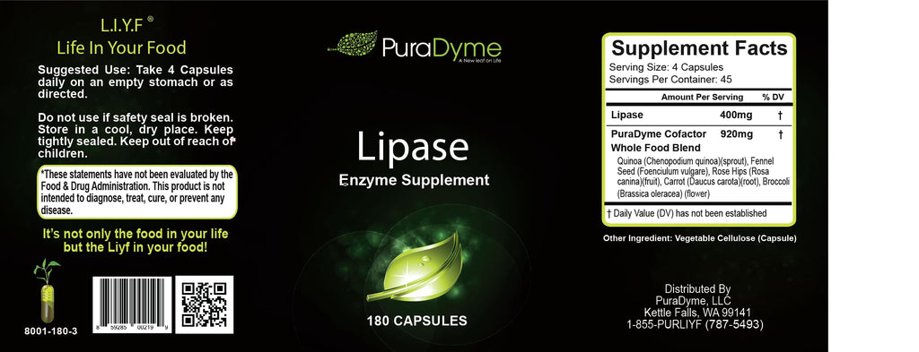 PuraDyme Lipase Enzyme 180 Capsules Digestive Enzyme (1)