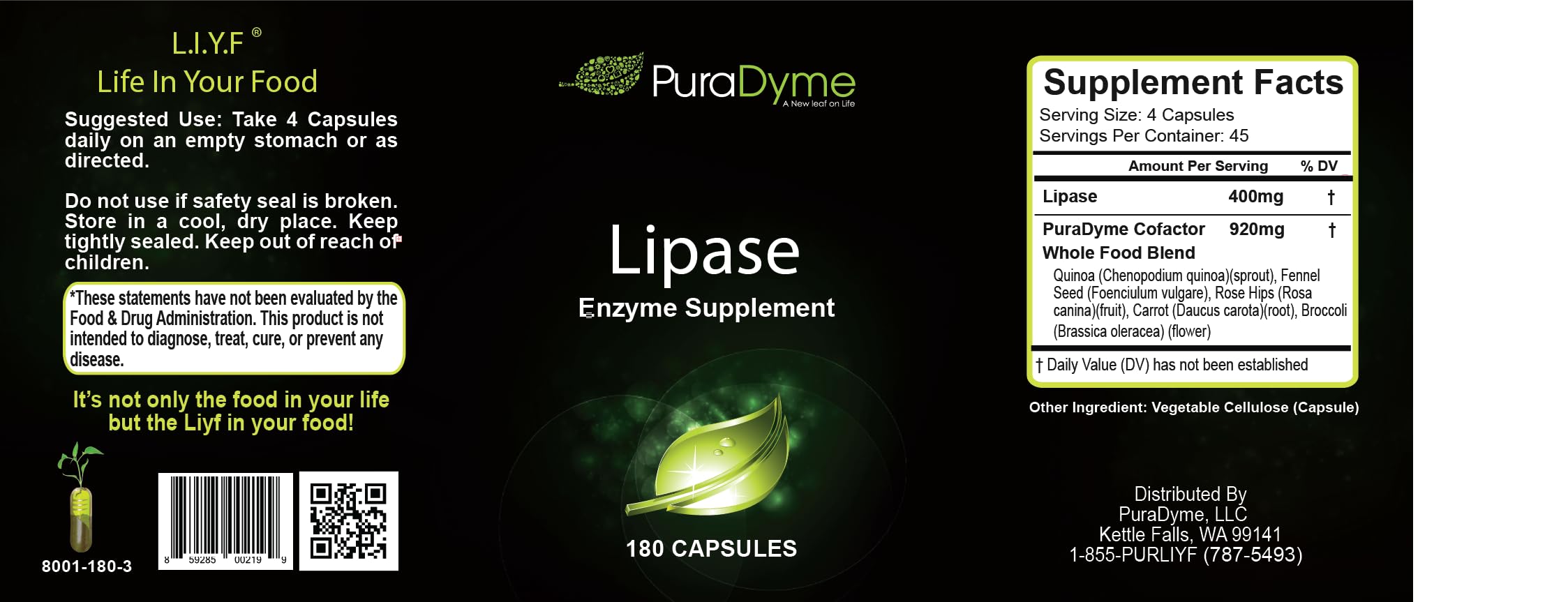 PuraDyme Lipase Enzyme 180 Capsules Digestive Enzyme (1)
