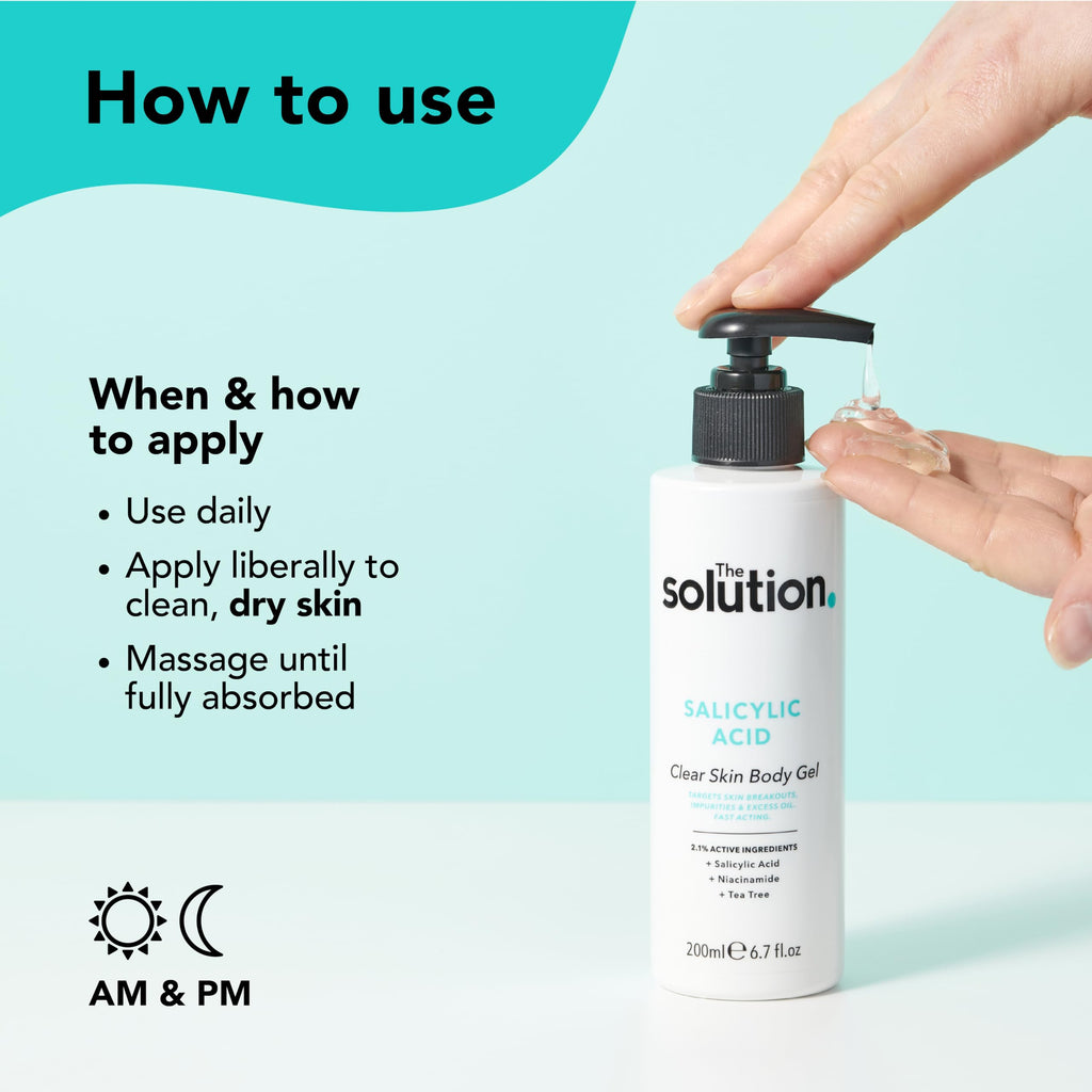 The Solution Salicylic Acid Clear Skin Body Gel (200ml) Back Acne Treatment with Tea Tree, Vegan Salicylic Acid Serum & Pore Minimiser, Cruelty Free Salicylic Acid Gel Lotion Body Care