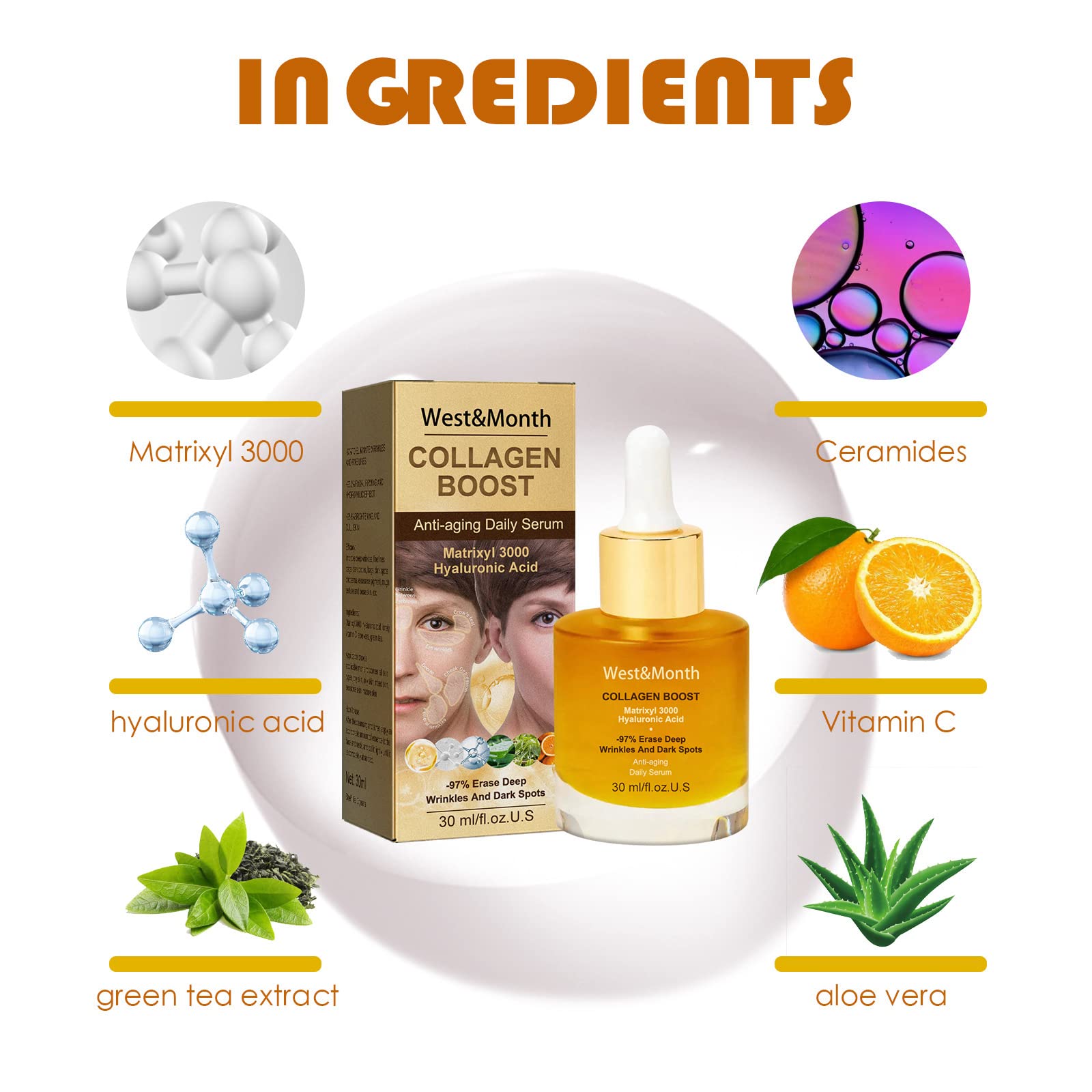 Collagen Boost - Collagen Serum For Face Serum - Serum Face With Collagen, Organic Aloe Vera, Vitamin C - Greasy - Lighten Dark Spots,Anti Aging & Wrinkle - For Youthful, Radiant & Dewy Skin,Pack of 1