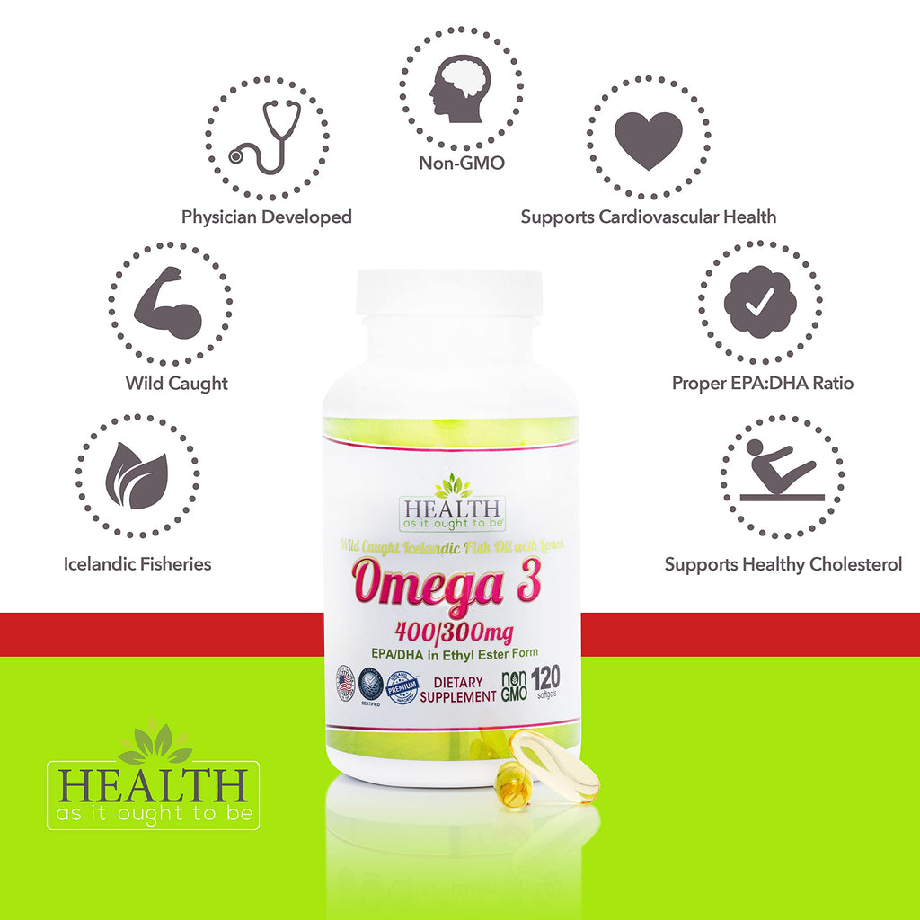 Health As It Ought To Be Omega 3 400/300 mg Supplement | Physician Formulated EPA/DHA in Ethyl Ester Form Wild Caught Icelandic Fish Oil with Lemon | 120 Capsules