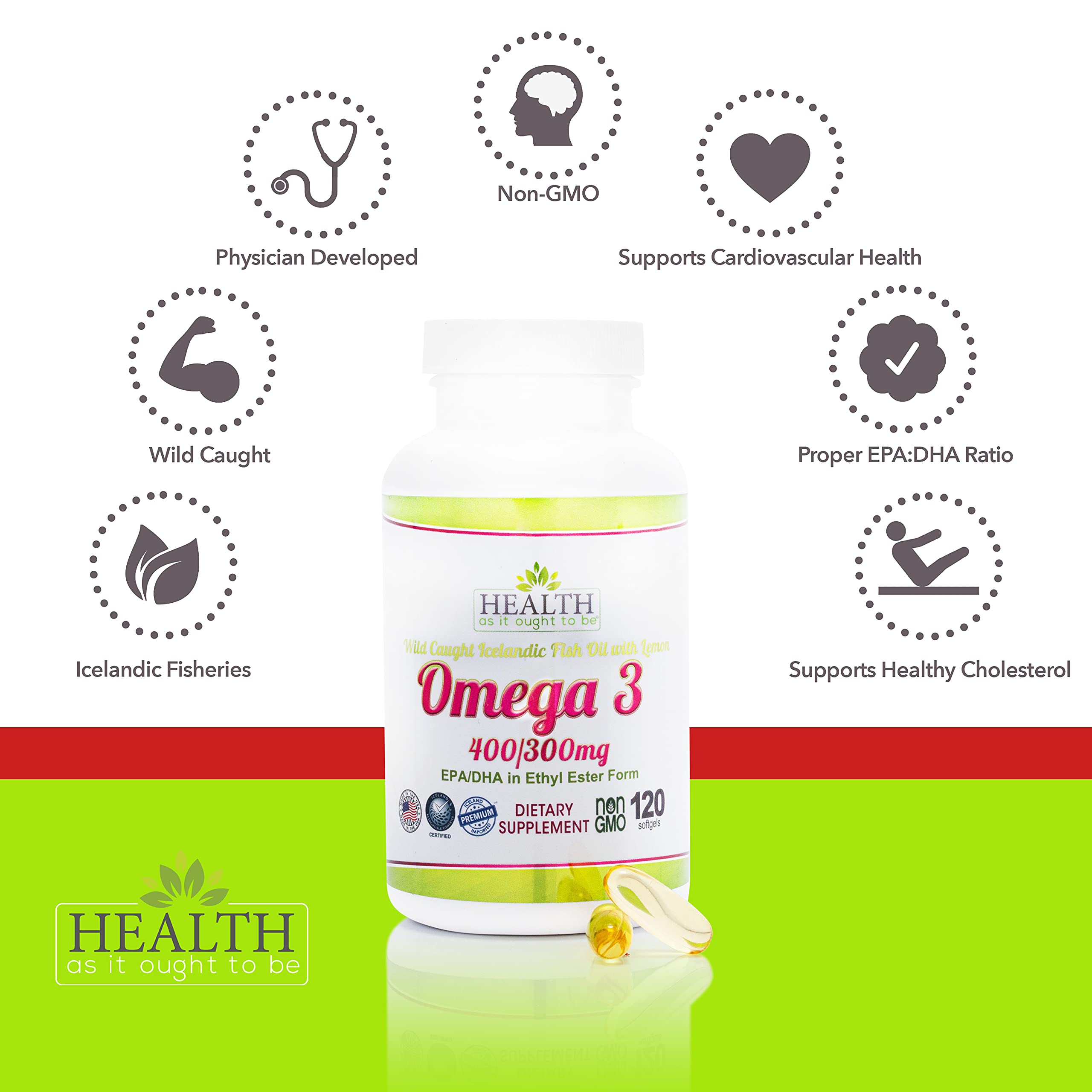 Health As It Ought To Be Omega 3 400/300 mg Supplement | Physician Formulated EPA/DHA in Ethyl Ester Form Wild Caught Icelandic Fish Oil with Lemon | 120 Capsules