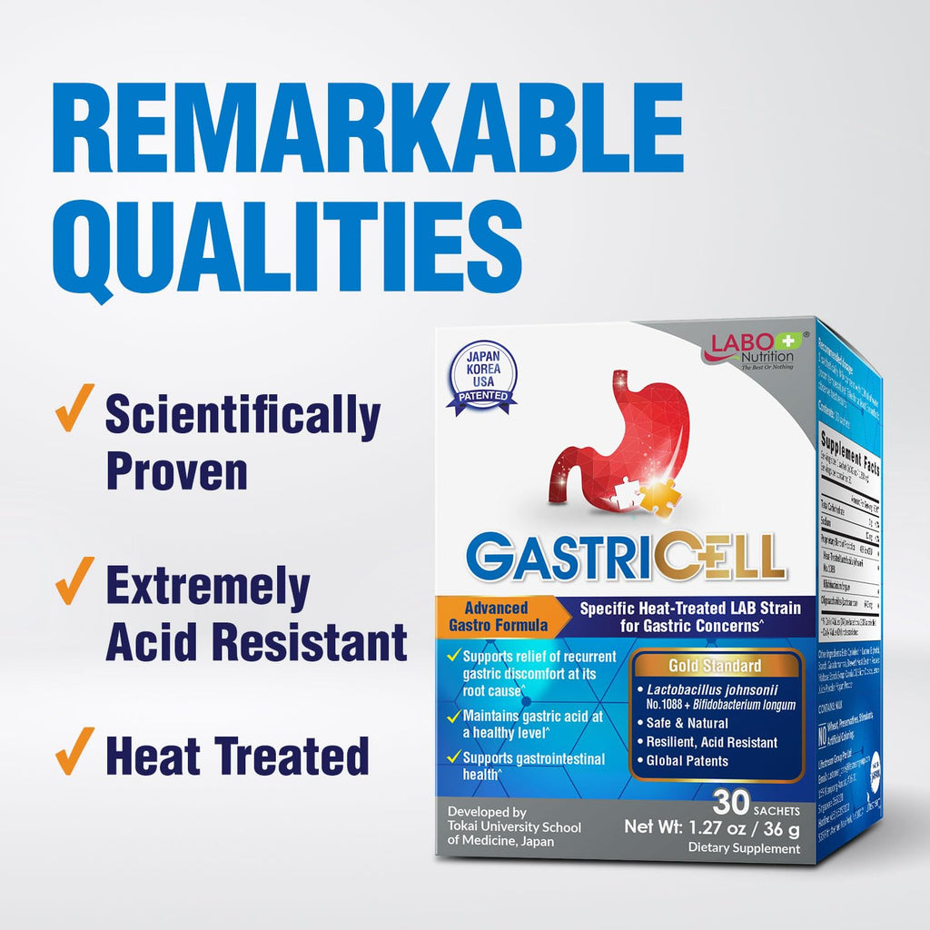 LABO Nutrition GASTRICELL Postbiotic Stomach Support — Patented Lactobacillus johnsonii No. 1088 with Bifidobacterium longum for Digestive Comfort, Gastric Wellness & Microbiome Support — 30 Sachets