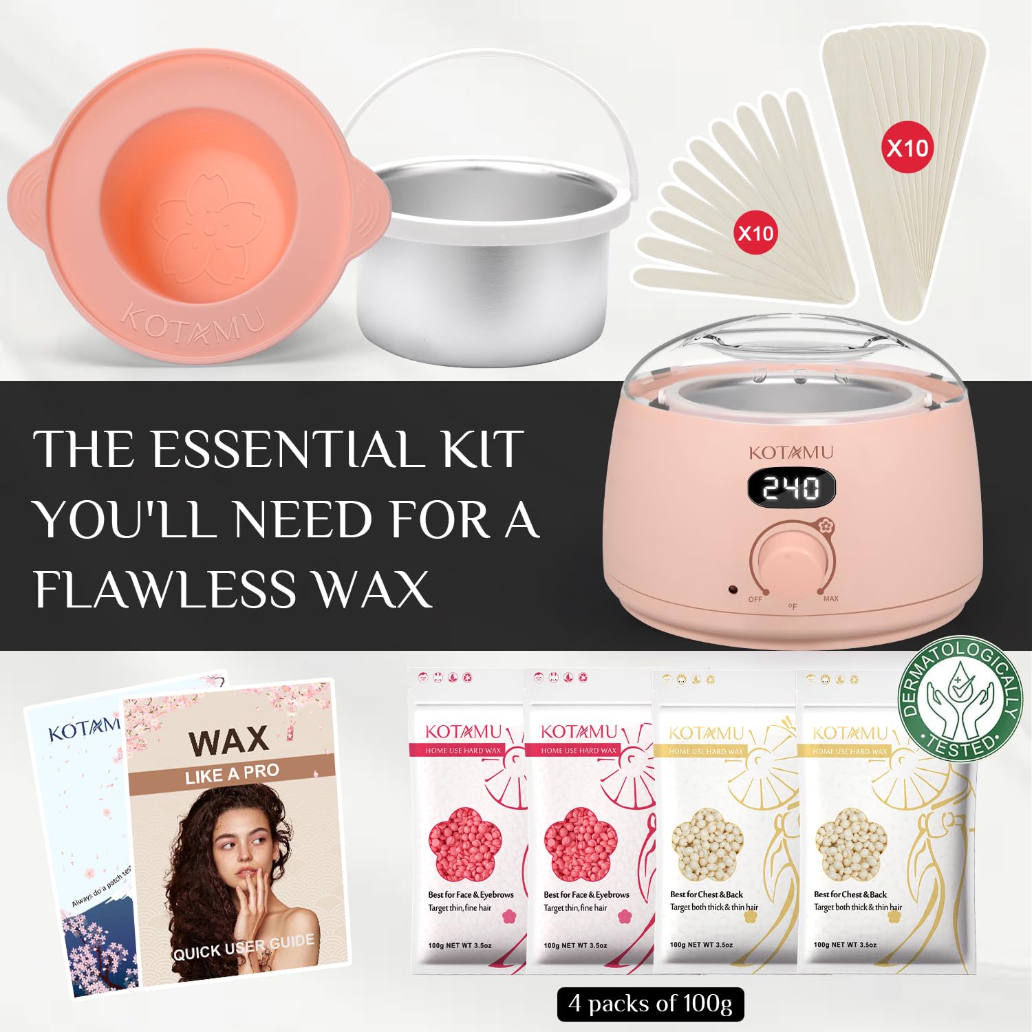 KOTAMU Waxing Kit for Women & Men, Pink Digital Wax Pot Warmer Hair Removal