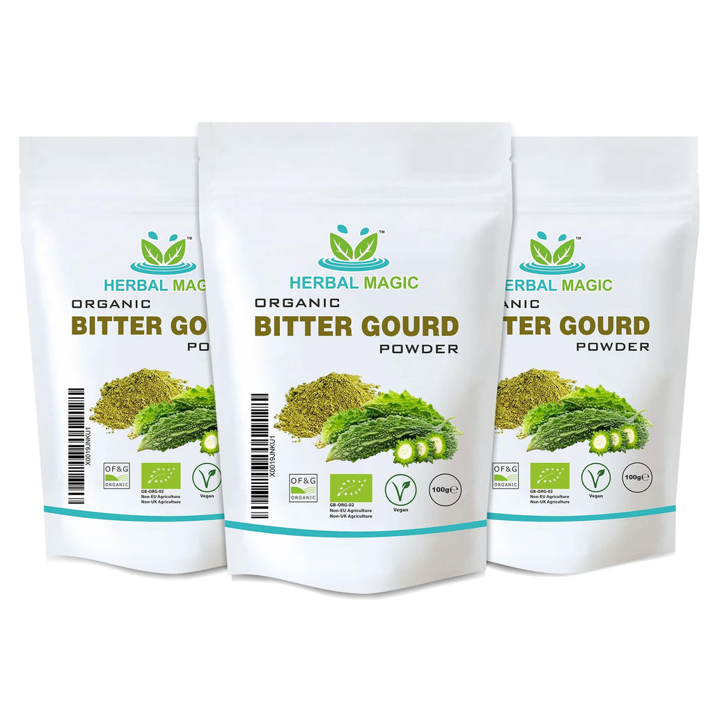 Herbal Magic's Organic Bitter Gourd Powder-Great Green Vegetable-Also Known as Karela, Bitter Melon,Balsam-pear. Free from Fillers & Preservatives- of&G UK Organic Certified- 100g (Pack of 3)