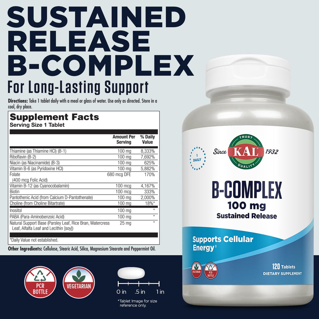 KAL B-100 Complex - Sustained Release Vitamin B Complex - Healthy Energy Support with Natural Base and Fresh Minty Coating - Vegetarian - 60 Day Guarantee - 120 Servings, 120 Tablets
