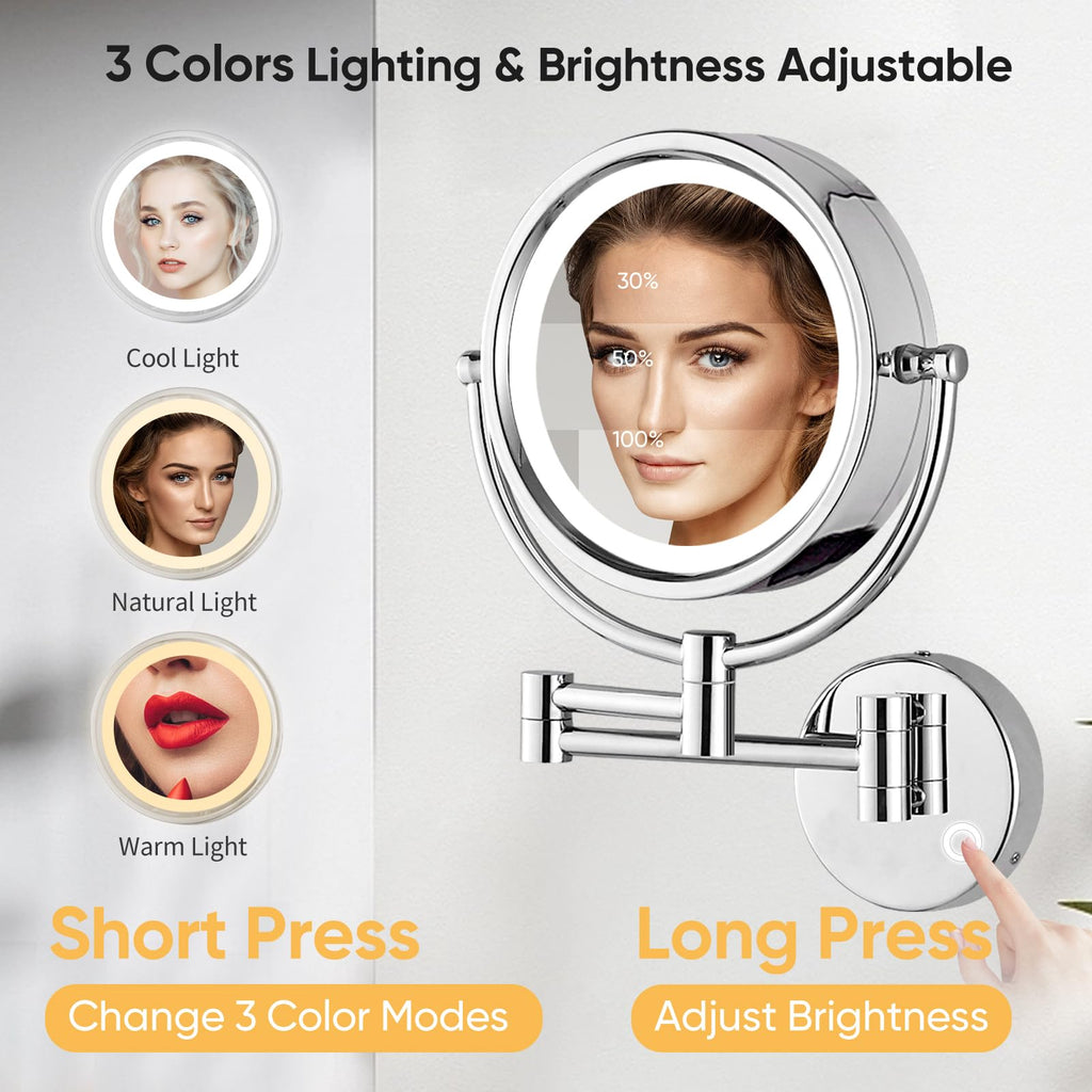 GURUN Wall Mounted Hardwired Makeup Mirror with 3 Tones Dimmable LED Lights 10x Magnifying Mirror with Touch Control for Bathroom Bedroom 13" Extendable Arm Direct Wire (10x, Chrome)