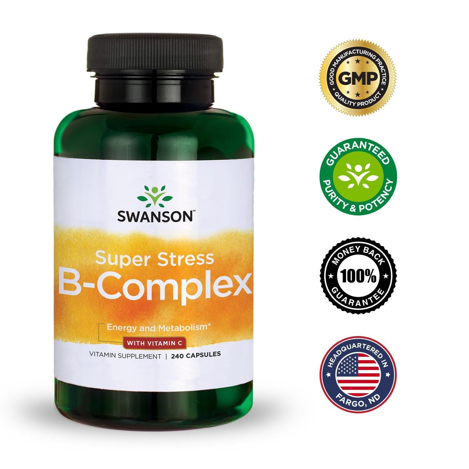 Swanson Super Stress B-Complex Energy and Wellness Supplement for Busy Adults Seeking Daily Vitamin B Support (240 Capsules)