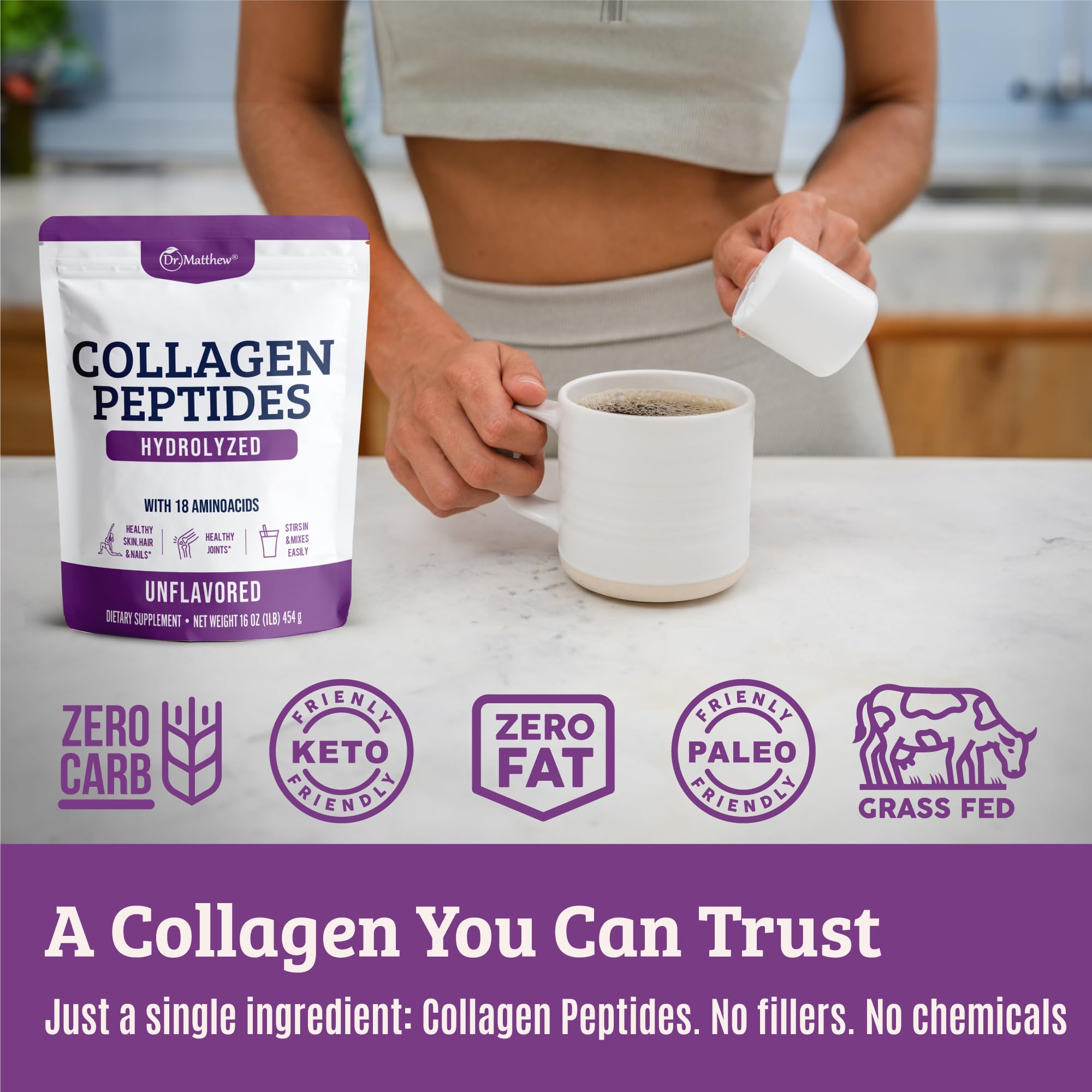 Dr. Matthew Hydrolyzed Collagen Peptides Powder - Unflavored & Grass Fed Protein Supplement for Hair, Skin, Joints - Non-GMO, Keto-Friendly, Type 1 and 3, for Women and Men