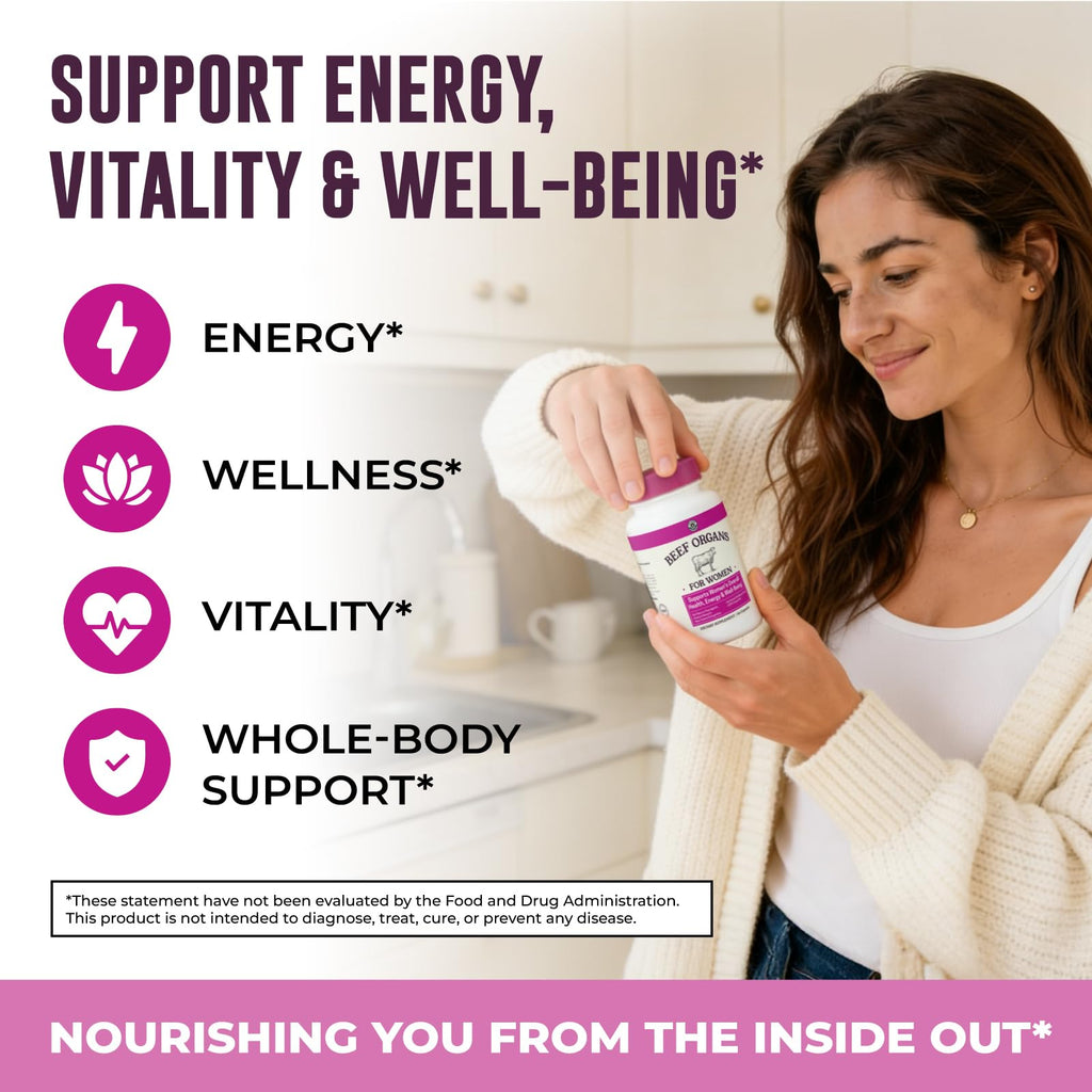 Beef Organ Supplement for Women - Beef Liver, Kidney, Heart and Uterus Tissue, Supports Women's Overall Energy and Health - Pasture Raised in New Zealand - No Fillers or Flow Agents - 120 Capsules