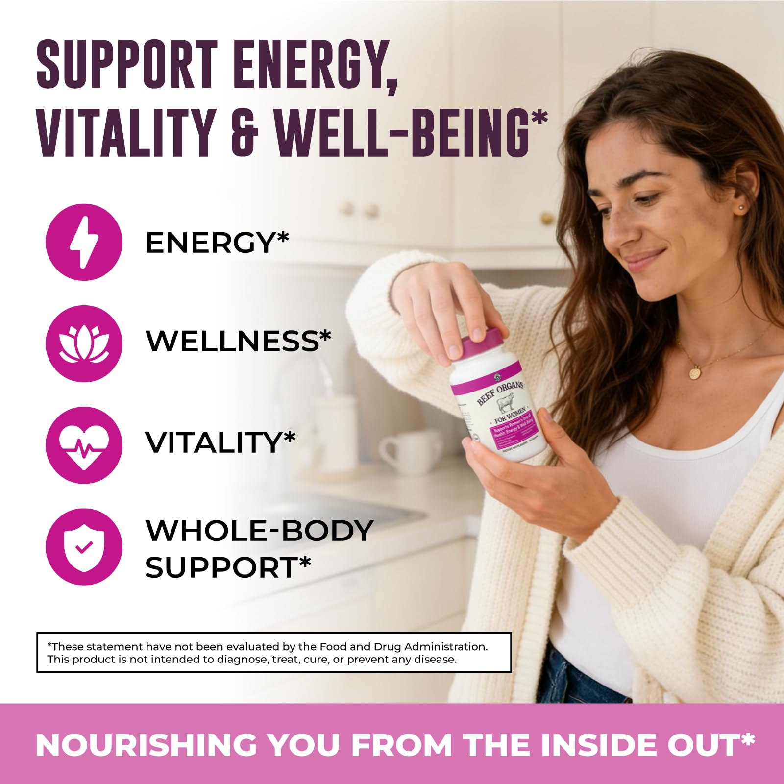 Beef Organ Supplement for Women - Beef Liver, Kidney, Heart and Uterus Tissue, Supports Women's Overall Energy and Health - Pasture Raised in New Zealand - No Fillers or Flow Agents - 120 Capsules