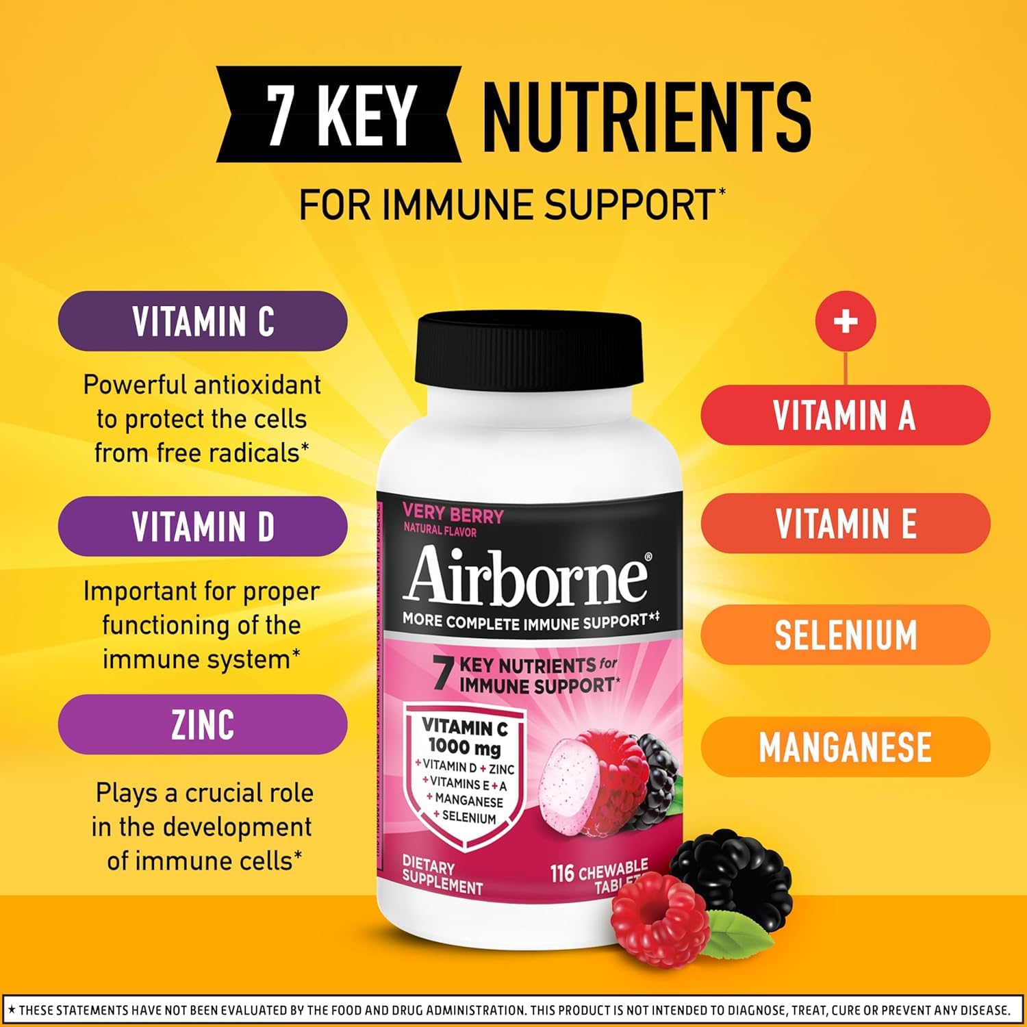 Airborne 1000mg Vitamin C + Zinc Immune Support Supplement Chewable Tablets Powerful Antioxidants Vitamins A C & E, 116 Chewable Tablets, Very Berry Flavor (2 Pack)