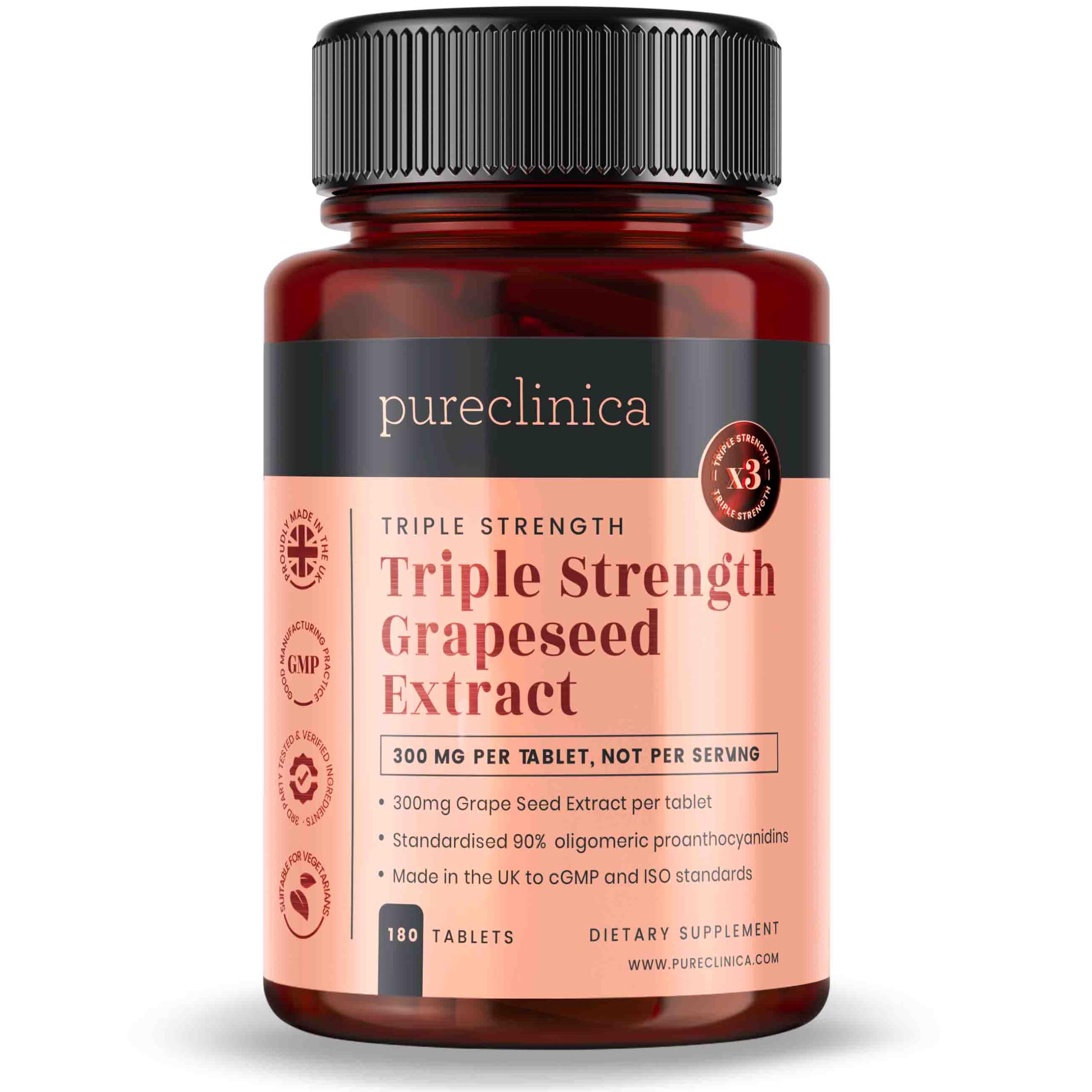 pureclinica Grape Seed Extract 300mg x 180 Tablets - 90% Oligomeric Proanthocyanidins. 300% Stronger Than Regular Grape Seed.
