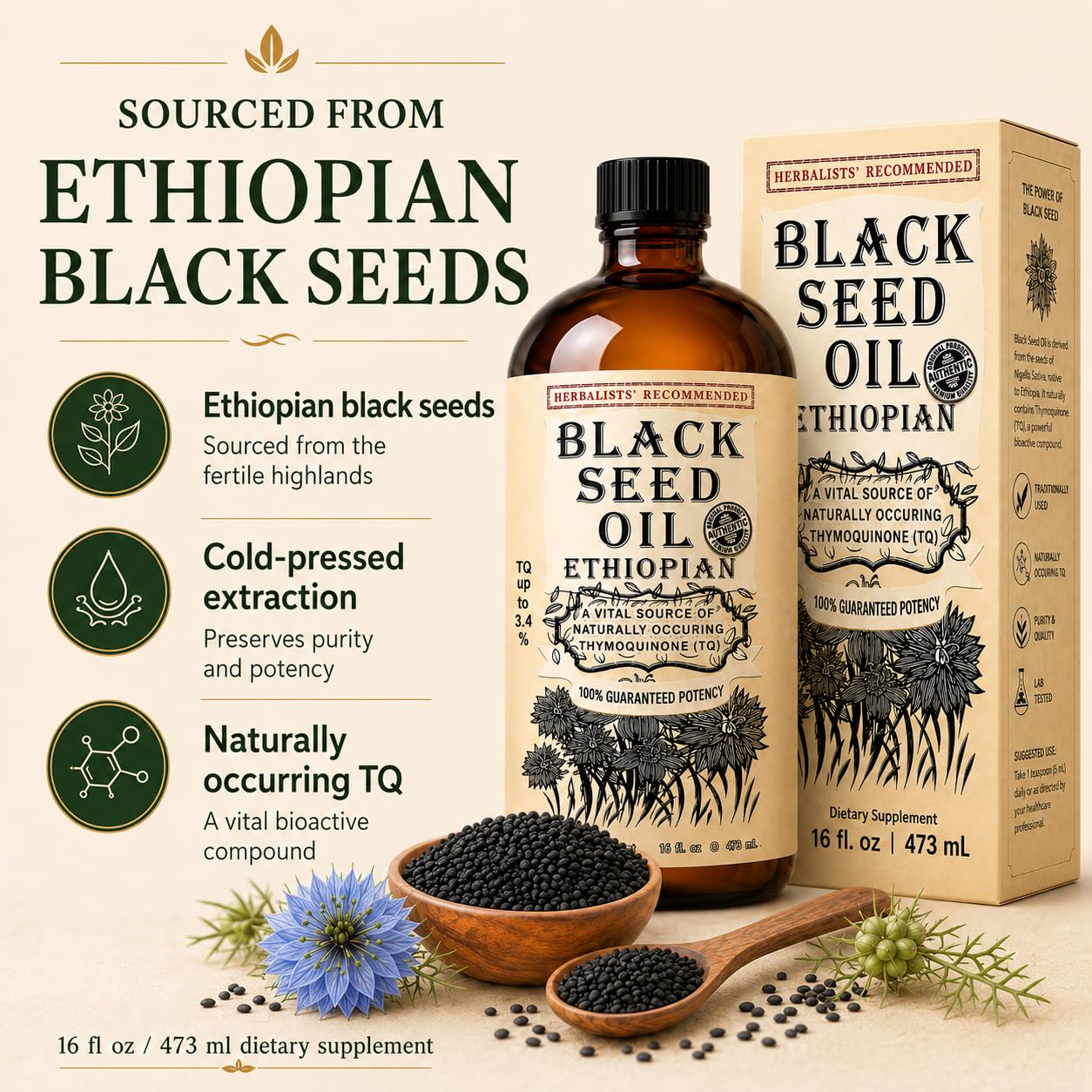 Ethiopian Black Seed Oil 16 oz – Cold-Pressed Nigella Sativa, High Thymoquinone 3.45%, Black Cumin Seed Oil Liquid, 100% Pure Unrefined, Immune Skin Hair & Digestive Support