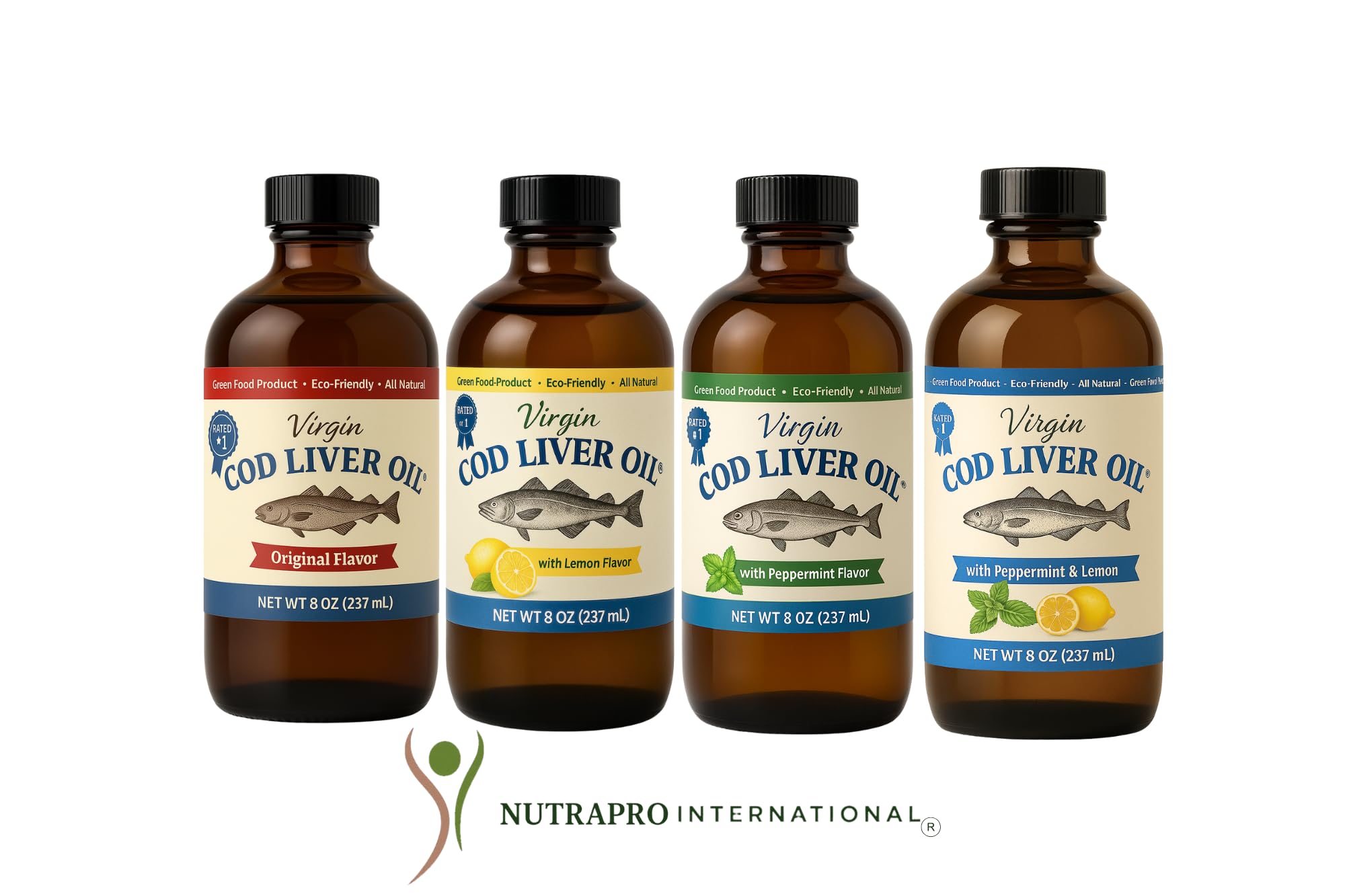Virgin Cod Liver Oil - 8 Fl oz Natural, Sustainably sourced, Wild Caught & Fresh Tasting. High in Vitamin D, Omega 3 DHA/EPA (Lemon and Peppermint Flavored)