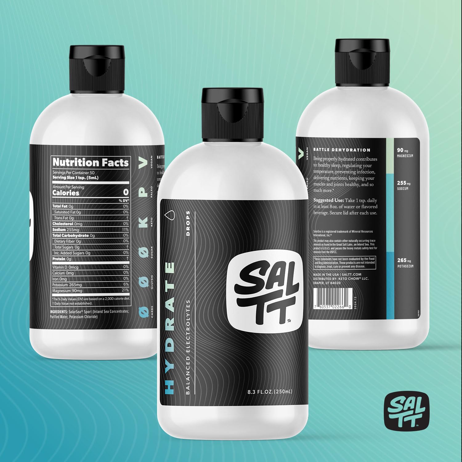 SALTT Hydrate Electrolyte Drops, Unflavored Hydration Supplement with Sodium, Potassium & Magnesium, Sugar Free Liquid Electrolytes for Water, Keto Friendly, Refill Size, 8.3 oz