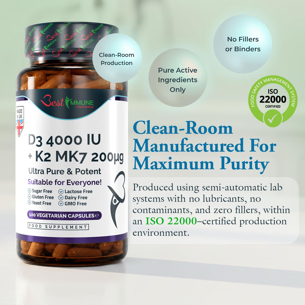 Best Immune, Vitamin D3 4000 IU & MK7 200 mcg Supplement, 100 Vegetarian Capsules