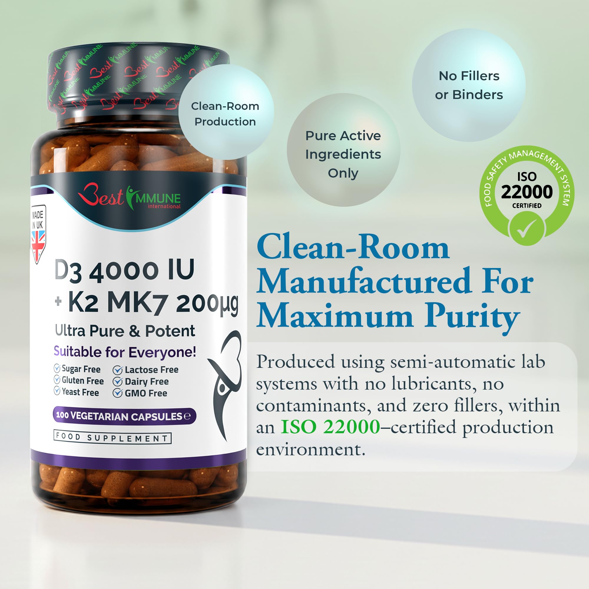 Best Immune, Vitamin D3 4000 IU & MK7 200 mcg Supplement, 100 Vegetarian Capsules