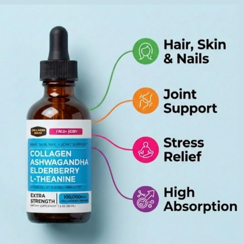 Collagen Mojo - Liquid Collagen with Ashwagandha for Women & Men - Collagen Peptides Drops with L-Theanine - Hair, Skin, Nails, Joint & Stress Relief - Ashwagandha Supplement, 100,000mcg 2 Oz
