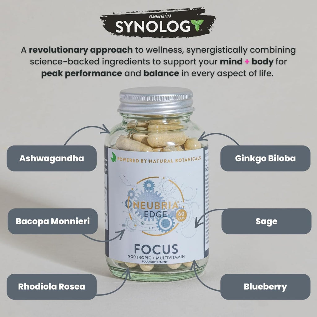 Neubria Edge Focus Formula Nootropic and Multivitamin, Helps to Improve Concentration and Focus with 22 Essential Vitamins and Minerals - 60 Capsules (one month's Supply)