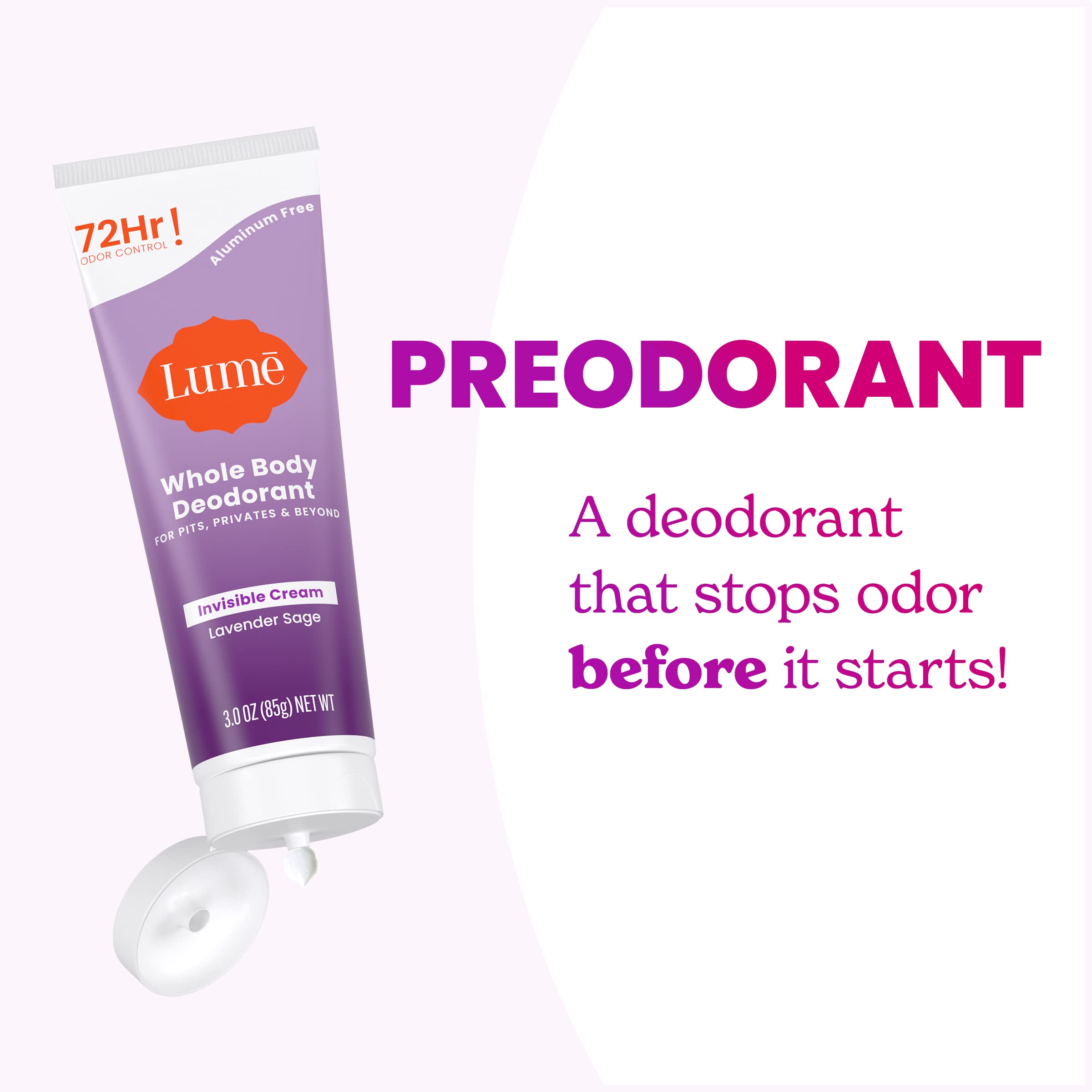 Lume Whole Body Deodorant - Invisible Cream Tube - 72 Hour Odor Control - Aluminum Free, Baking Soda Free, Skin Safe - 3.0 ounce (Pack of 2) (Lavender Sage)