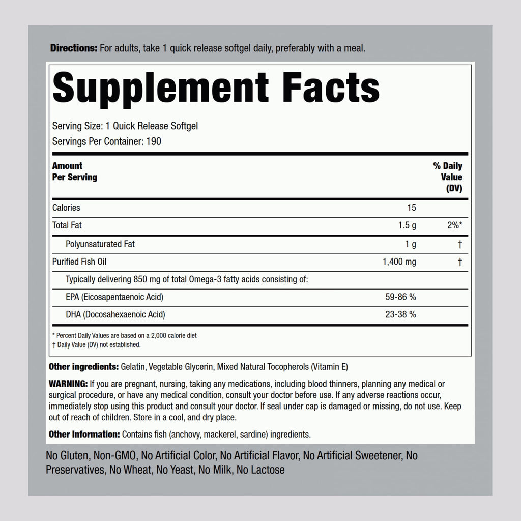Piping Rock Fish Oil Omega 3 Supplement | 1400 mg | 190 Softgels