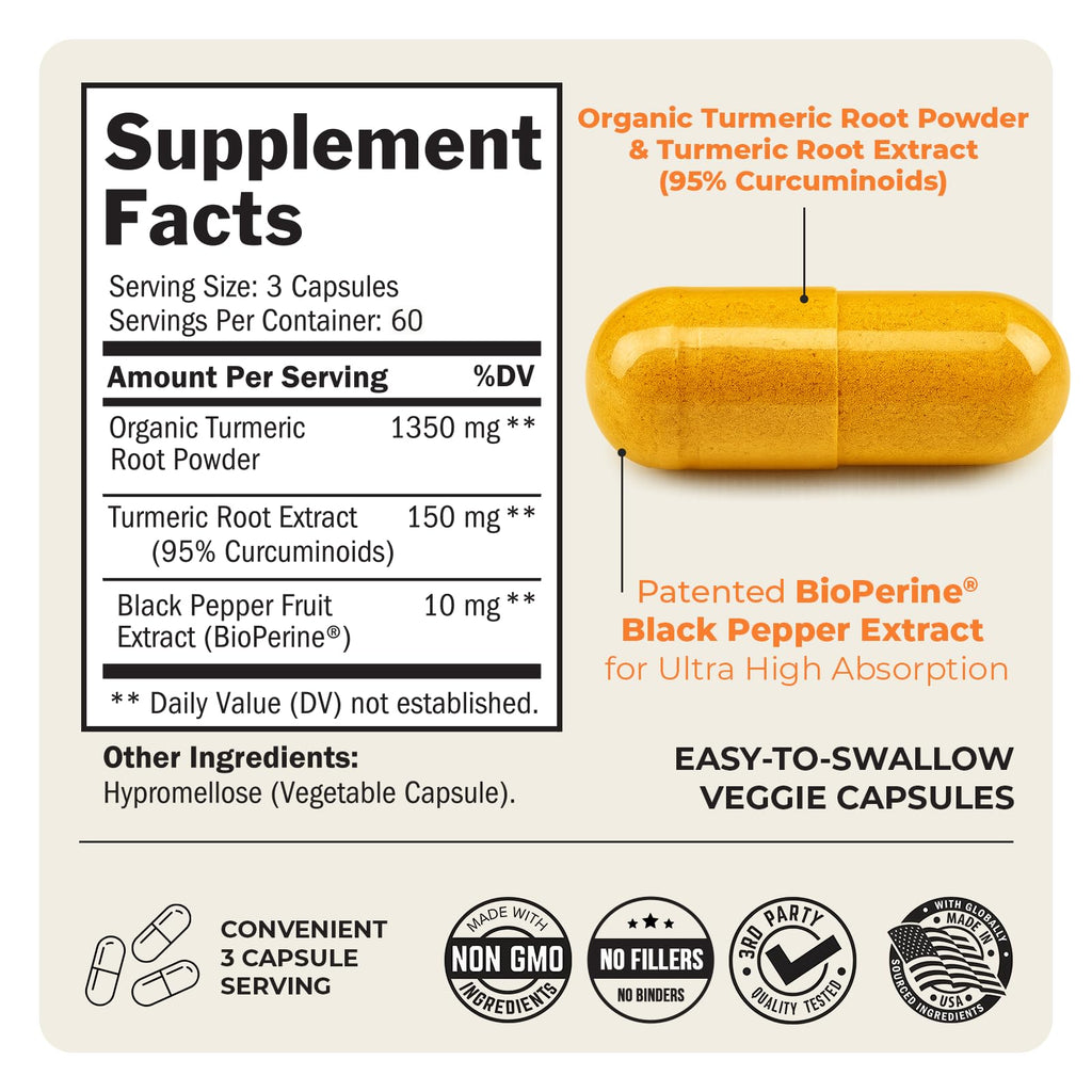 Turmeric Curcumin with Black Pepper Extract 1500mg - High Absorption Ultra Potent Turmeric Supplement with 95% Curcuminoids and BioPerine - Non GMO Tumeric Capsules for Joint Support - 180 Capsules