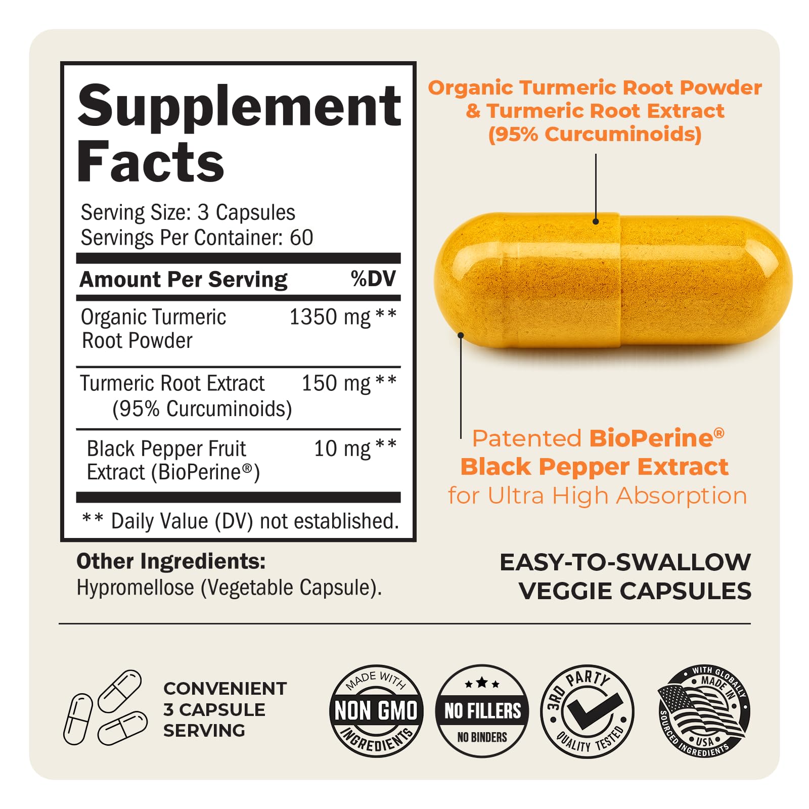 Turmeric Curcumin with Black Pepper Extract 1500mg - High Absorption Ultra Potent Turmeric Supplement with 95% Curcuminoids and BioPerine - Non GMO Tumeric Capsules for Joint Support - 180 Capsules