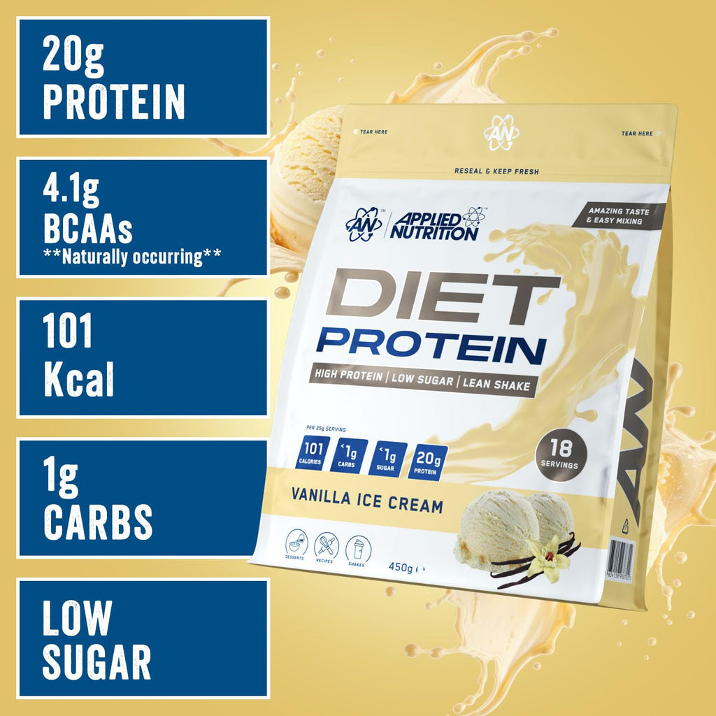 Applied Nutrition Diet Whey - High Protein Powder Supplement, Low Carb & Sugar, for Weight Management with CLA, L Carnitine, Green Tea (450g - 18 Servings) (Vanilla)