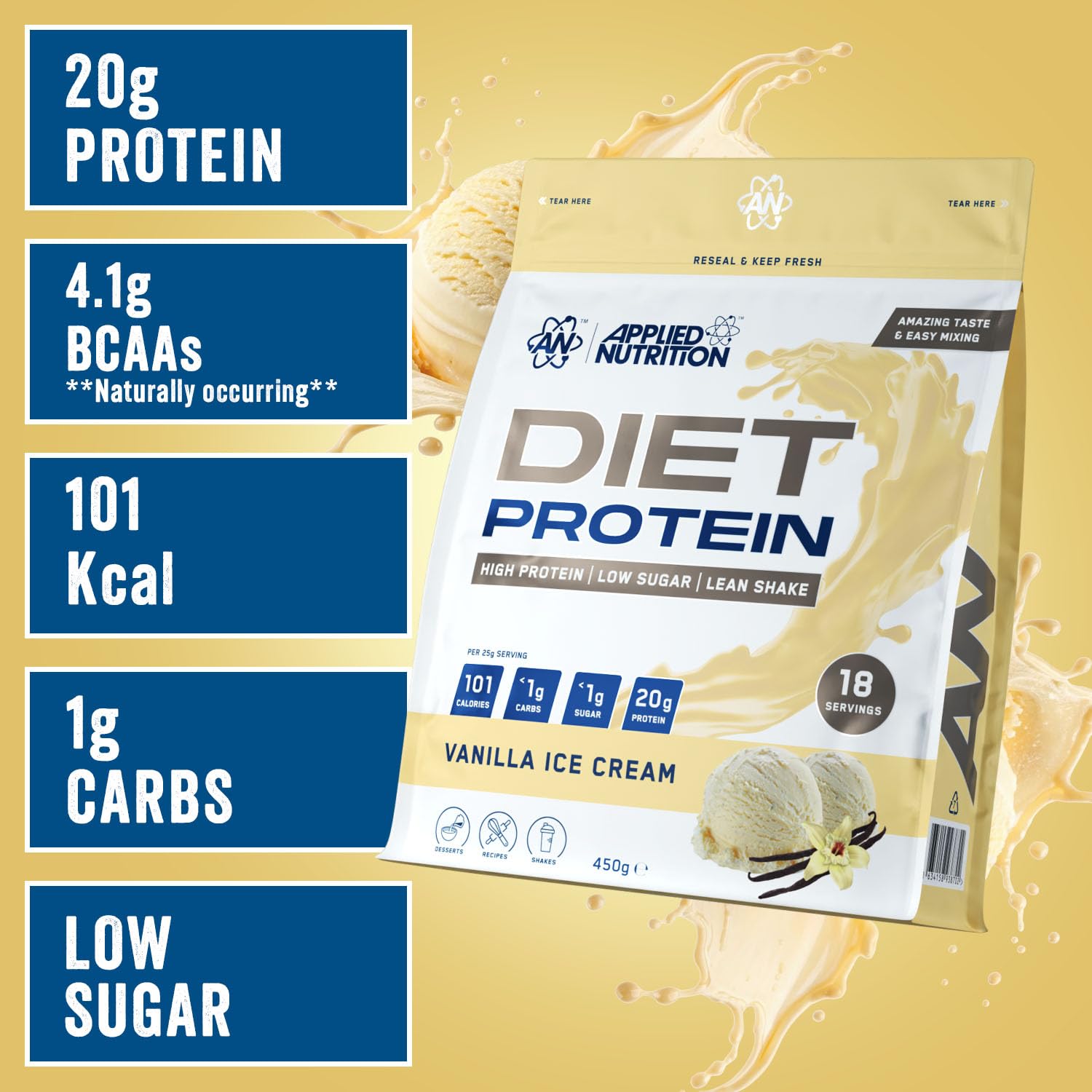 Applied Nutrition Diet Whey - High Protein Powder Supplement, Low Carb & Sugar, for Weight Management with CLA, L Carnitine, Green Tea (450g - 18 Servings) (Vanilla)