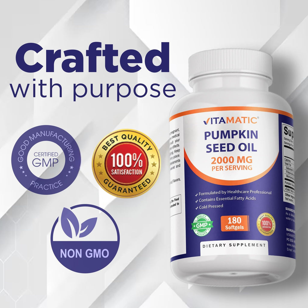 Vitamatic Pumpkin Seed Oil 2000 mg per Serving, 180 Softgels (3 Pack)