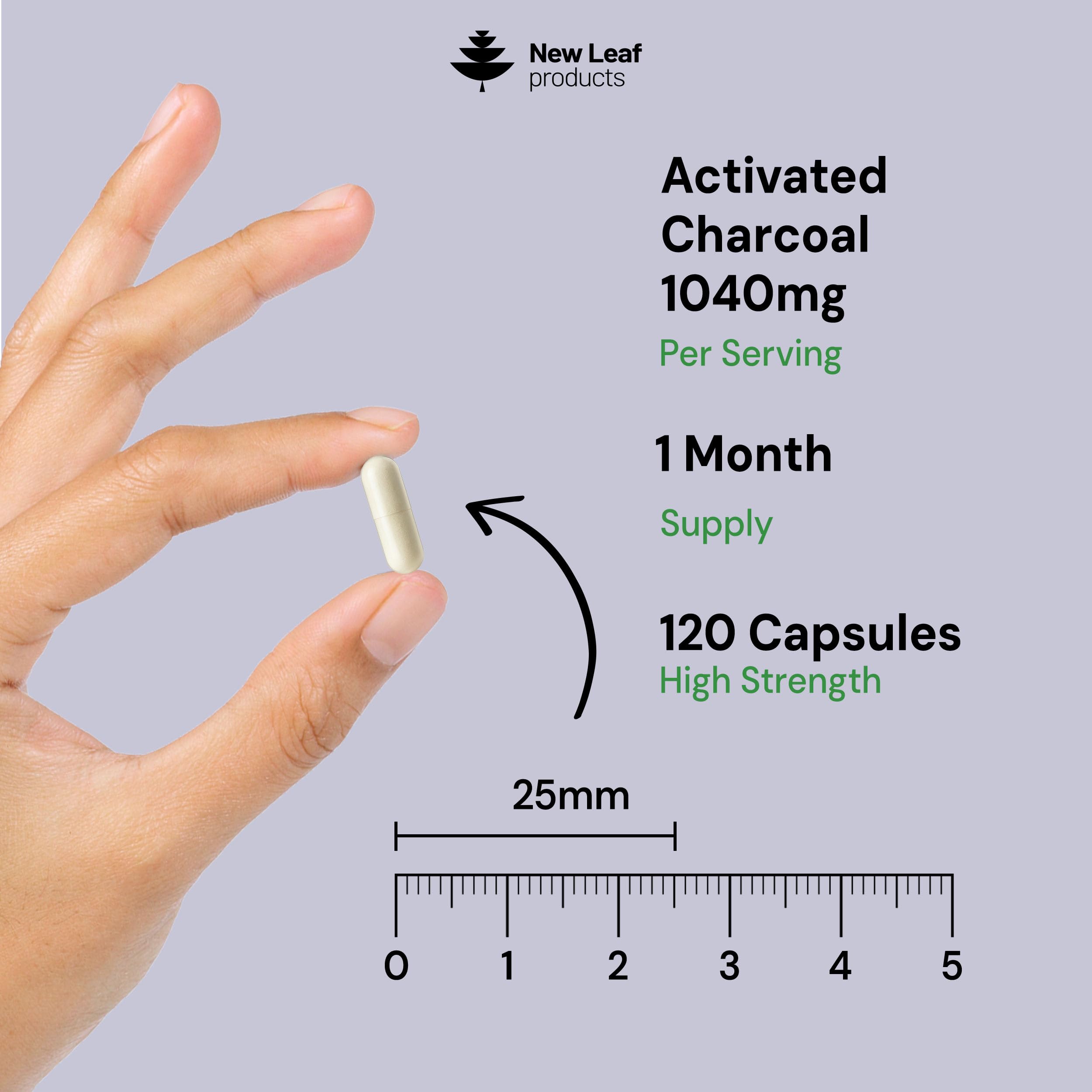 Activated Charcoal Capsules - 120 High Strength Activated Charcoal Tablets Alternative - 1040mg Per Serving, Helps Reduce Excessive Flatulence After Eating - Made in UK By New Leaf