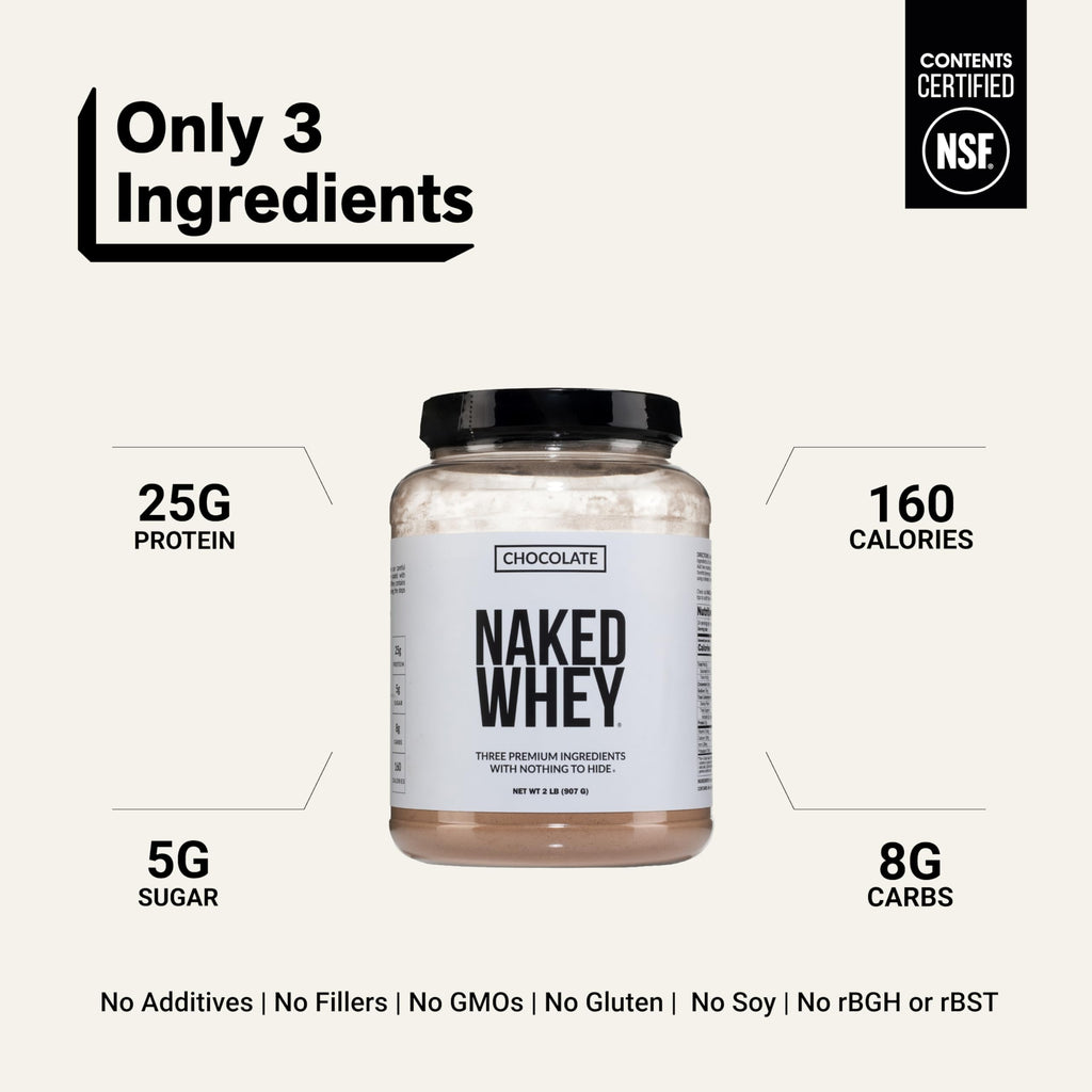 NAKED Whey Chocolate Protein Powder - Only 3 Ingredients - Grass Fed Whey Protein Powder, Organic Chocolate and Organic Coconut Sugar, NSF Certified, No GMO, No Soy, and Gluten Free - 24 Servings