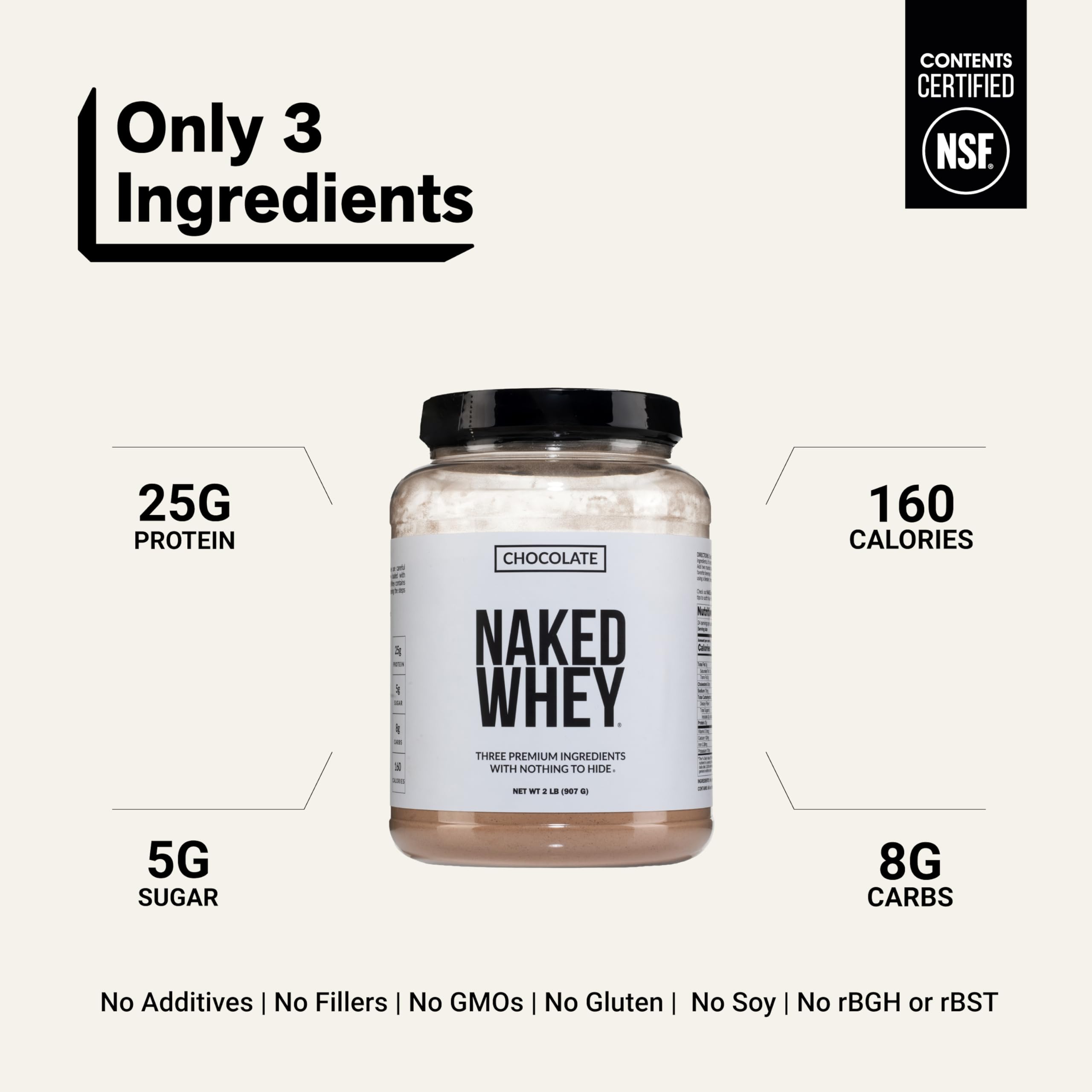 NAKED Whey Chocolate Protein Powder - Only 3 Ingredients - Grass Fed Whey Protein Powder, Organic Chocolate and Organic Coconut Sugar, NSF Certified, No GMO, No Soy, and Gluten Free - 24 Servings